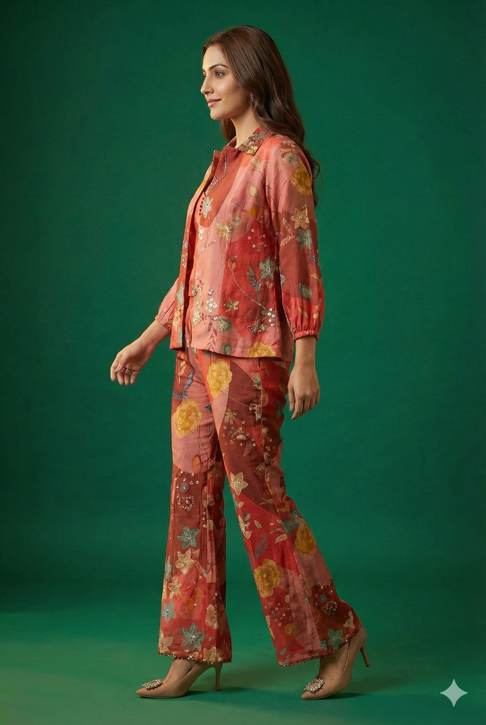 Red Muslin Printed & Embroidered Crop Top Ensemble with Coordinating Shrug and Palazzos