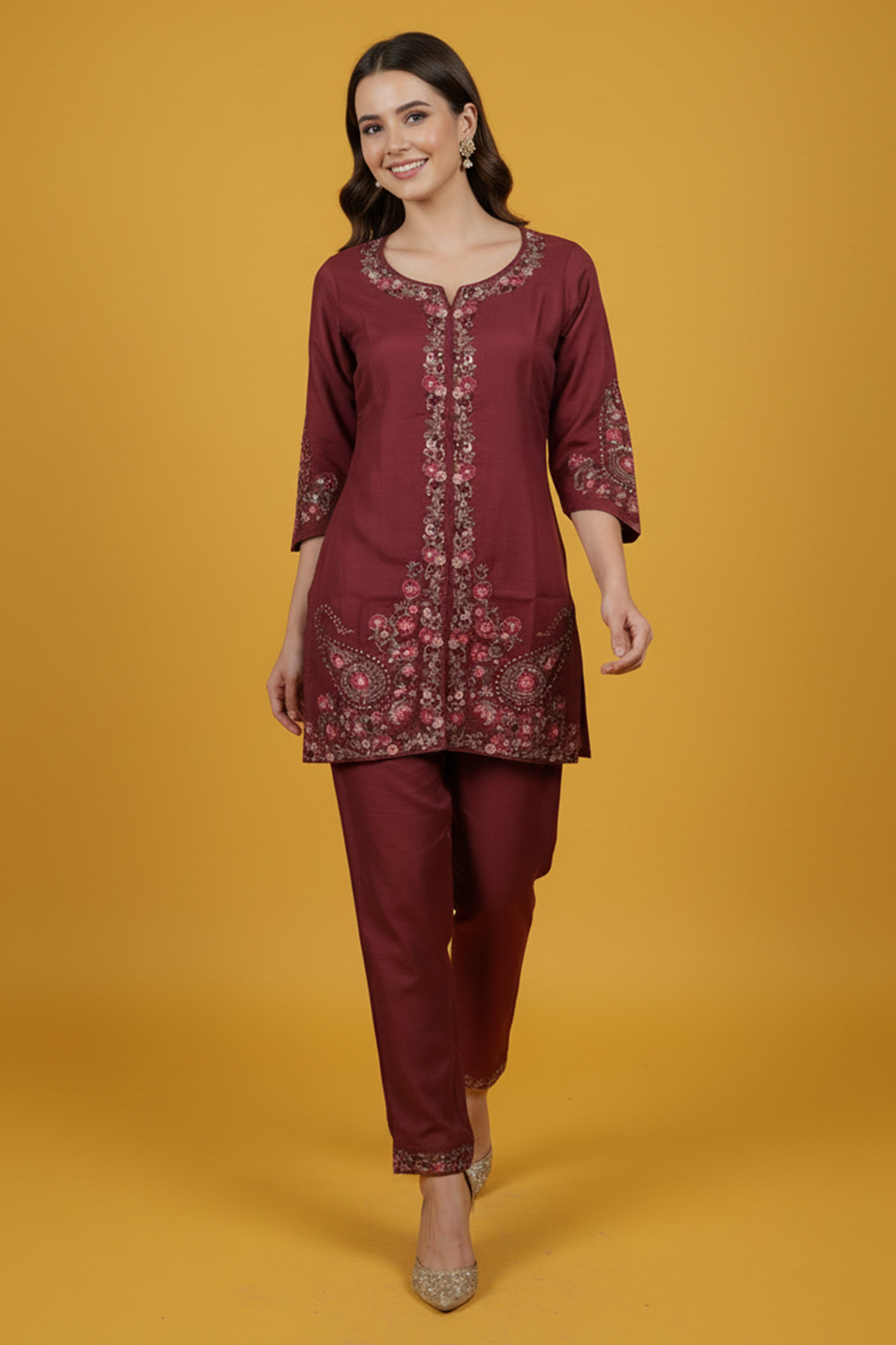 Designer Dark Mauve Floral Embroidered Top Paired with Trousers Co-Ords in Viscose Blend