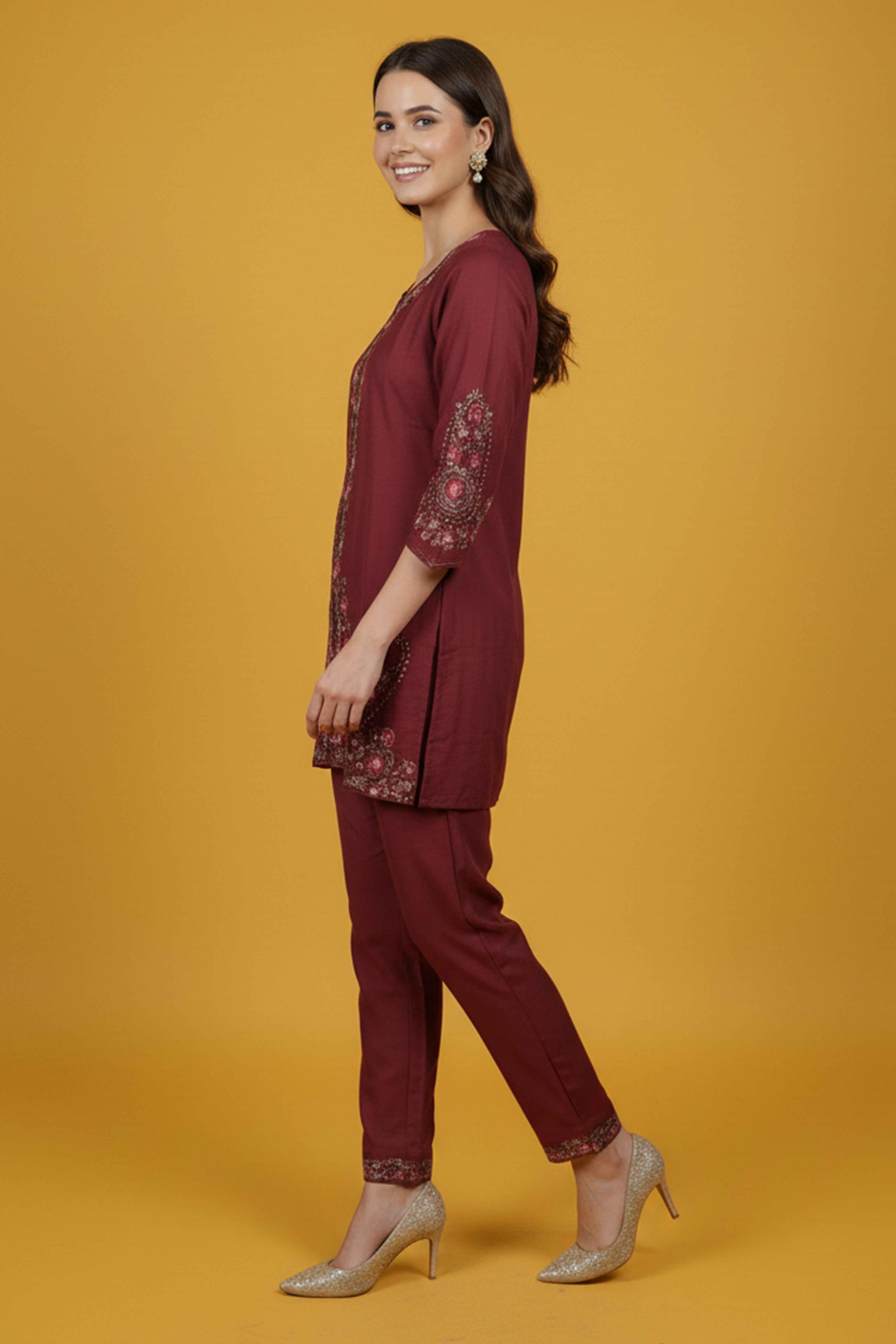 Designer Dark Mauve Floral Embroidered Top Paired with Trousers Co-Ords in Viscose Blend