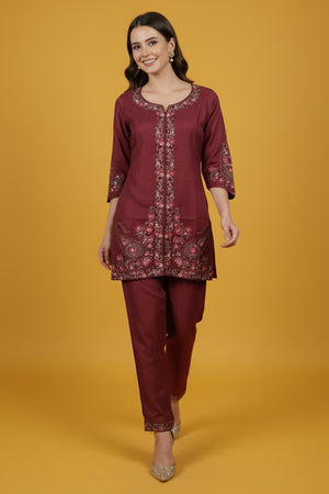 Designer Dark Mauve Floral Embroidered Top Paired with Trousers Co-Ords in Viscose Blend
