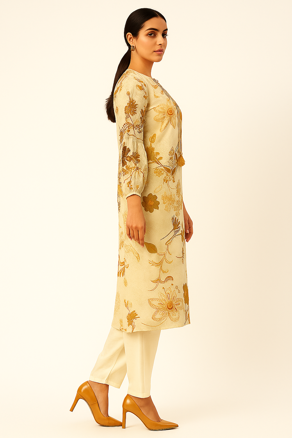 Light Yellow Trendy Floral Motif Viscose Blend Straight Kurti with Modern Appeal
