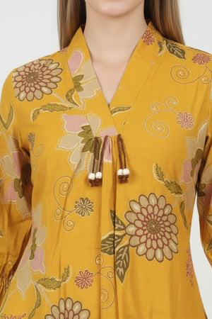 Yellow Viscose A-Line Kurti Featuring Floral Patterns
