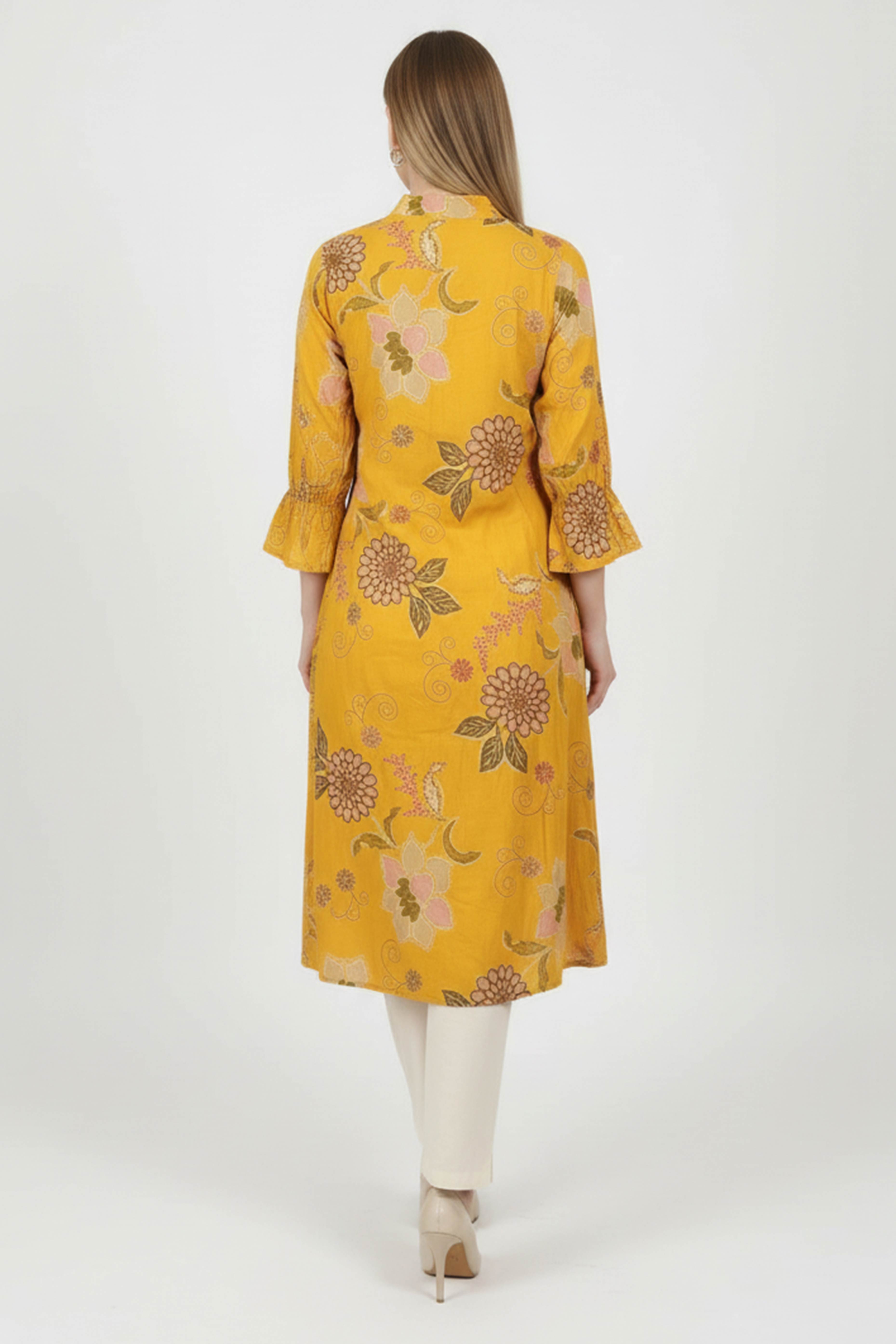 Yellow Viscose A-Line Kurti Featuring Floral Patterns