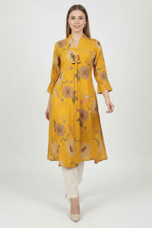 Yellow Viscose A-Line Kurti Featuring Floral Patterns