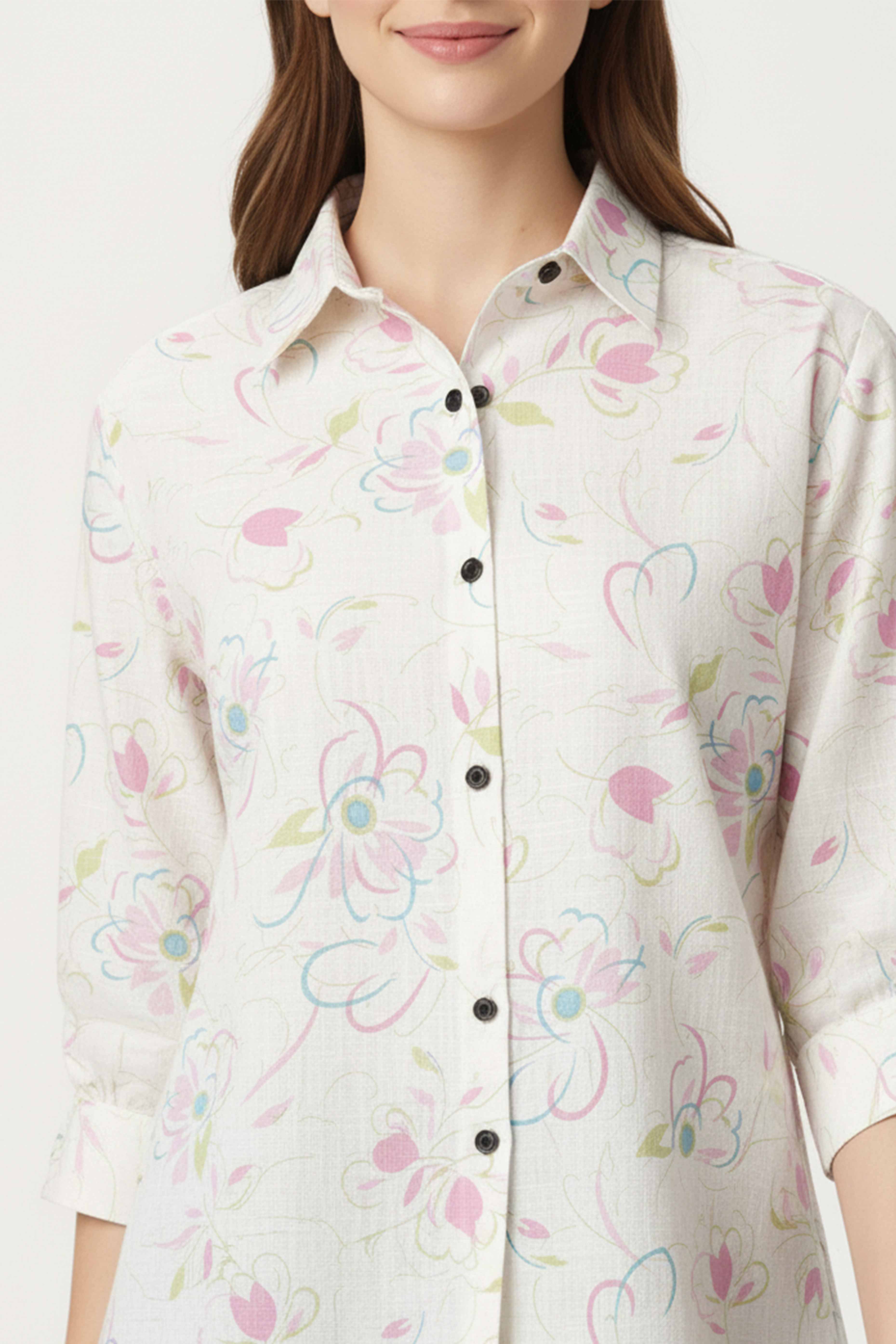 Trendy White Floral Printed Linen Top for Casual Wear