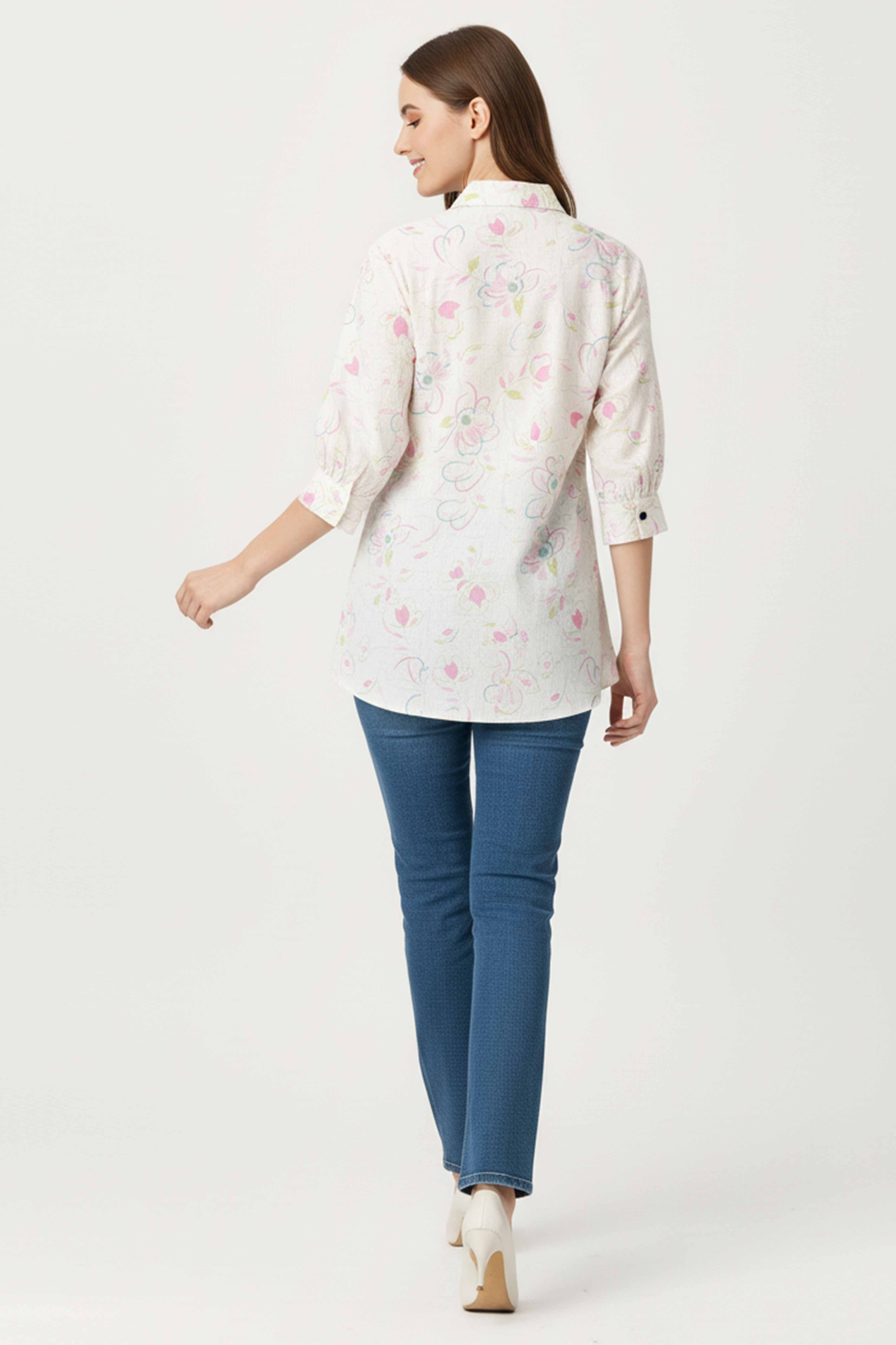 Trendy White Floral Printed Linen Top for Casual Wear