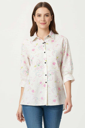 Trendy White Floral Printed Linen Top for Casual Wear