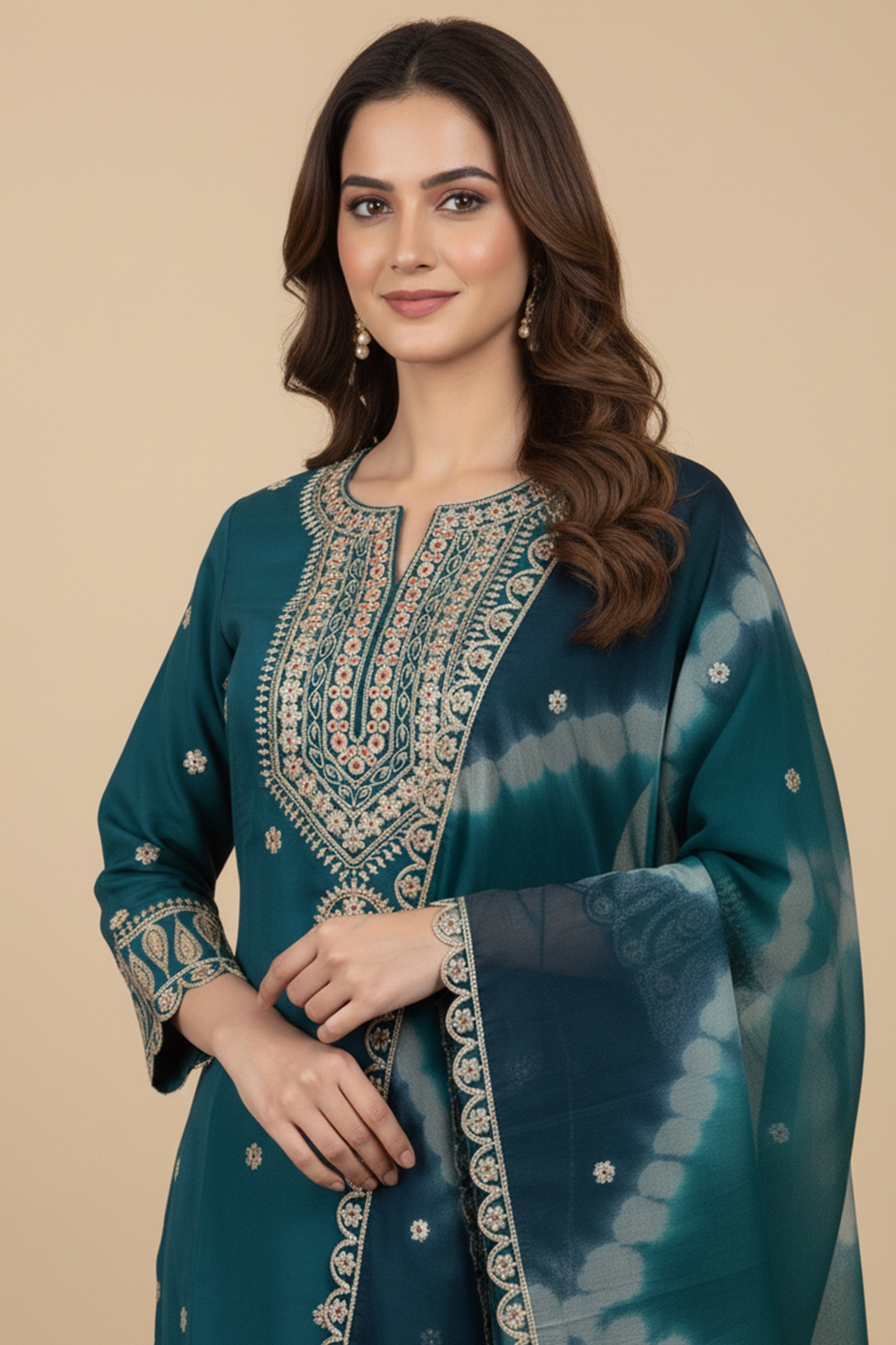 Teal Ethnic Motifs Embroidered Sequinned Chanderi Silk Straight Kurta Set