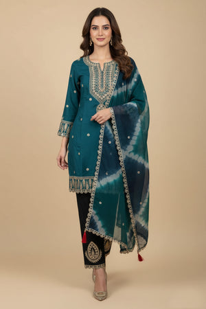 Teal Ethnic Motifs Embroidered Sequinned Chanderi Silk Straight Kurta Set