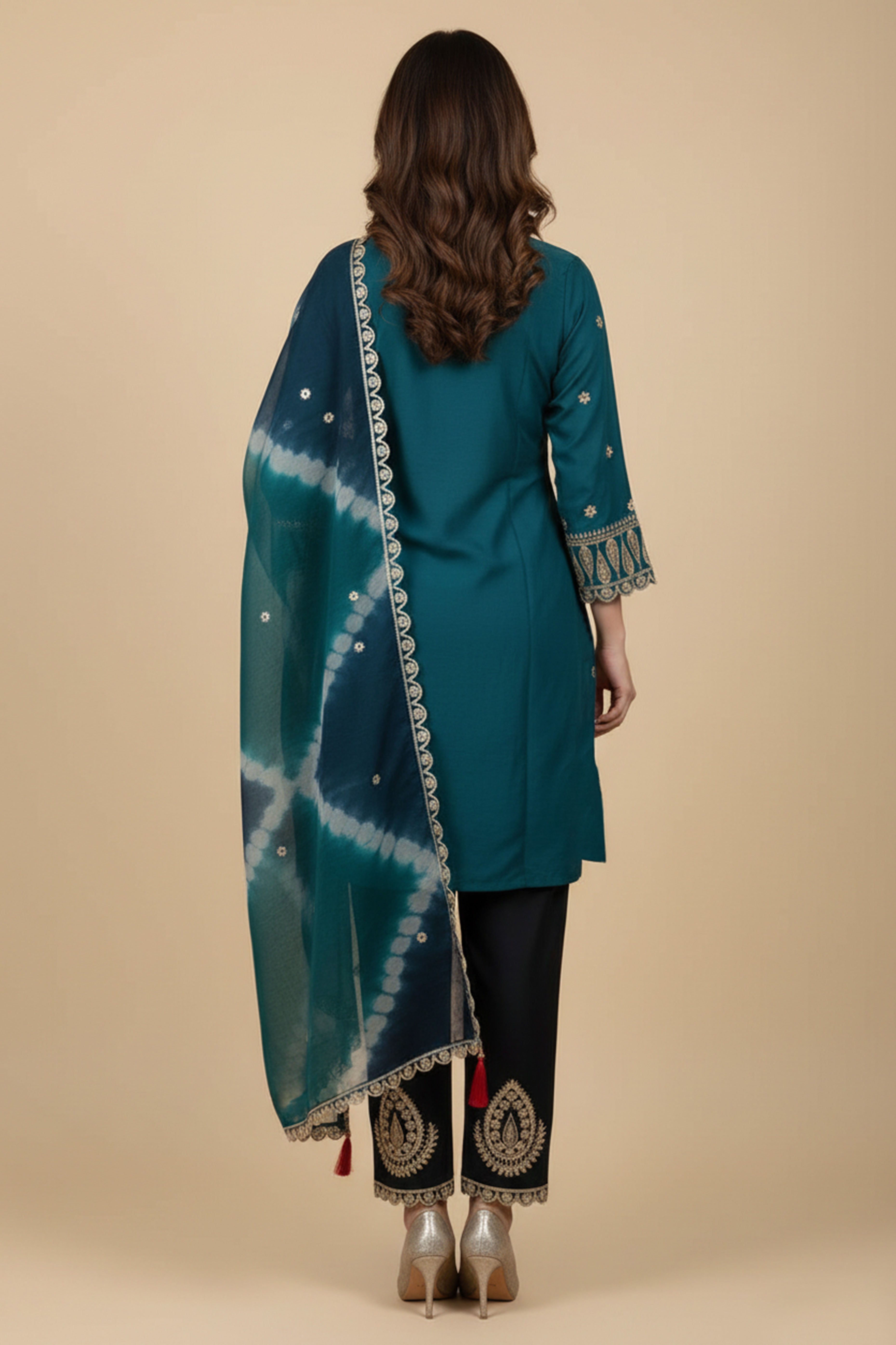 Teal Ethnic Motifs Embroidered Sequinned Chanderi Silk Straight Kurta Set