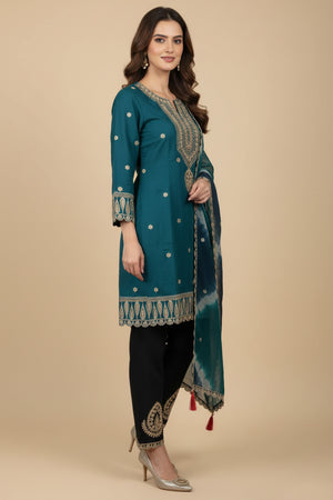 Teal Ethnic Motifs Embroidered Sequinned Chanderi Silk Straight Kurta Set