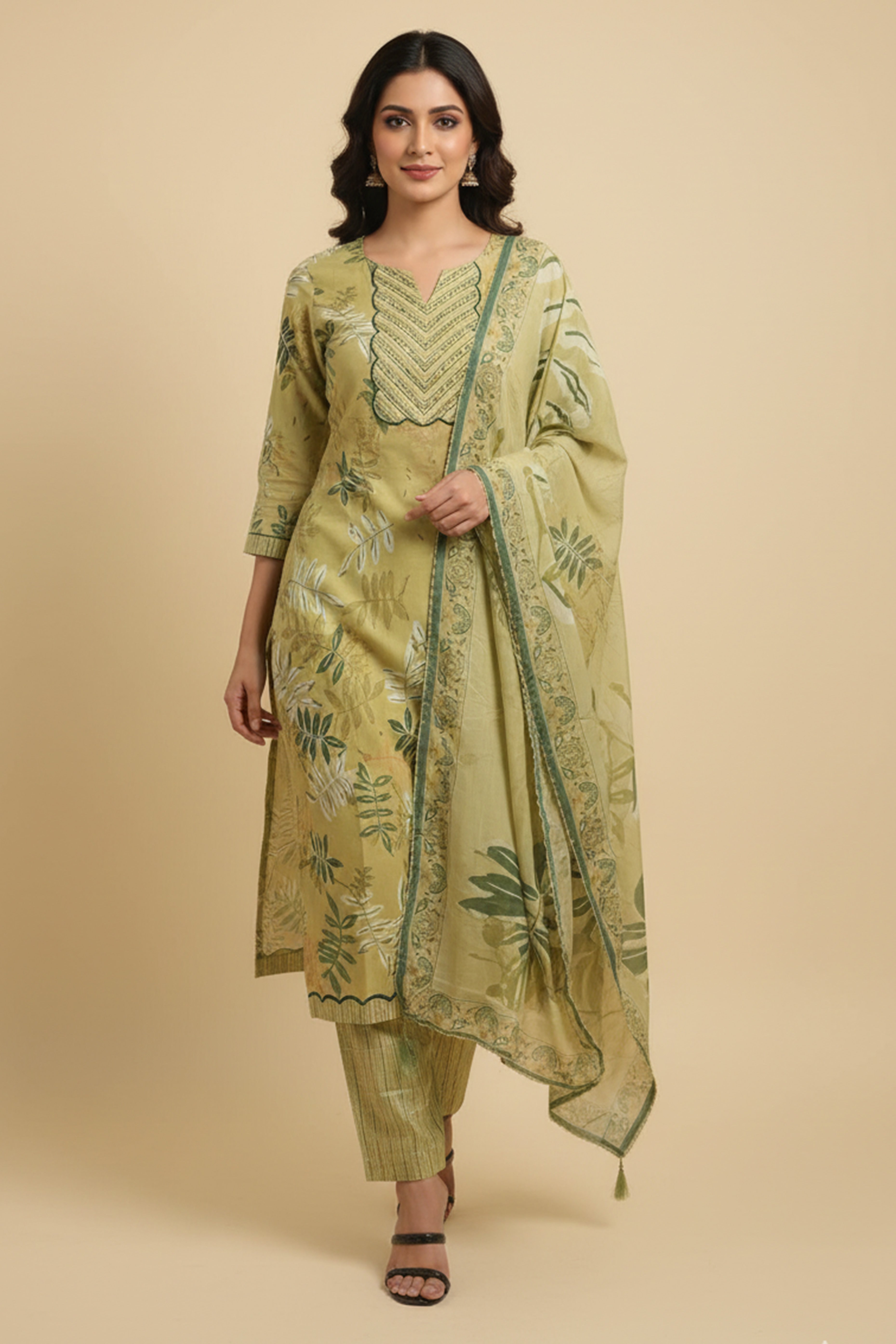 Soft and Lightweight Lime Green Pure Cotton Salwar Suit with Floral Prints and Straight Cut Style