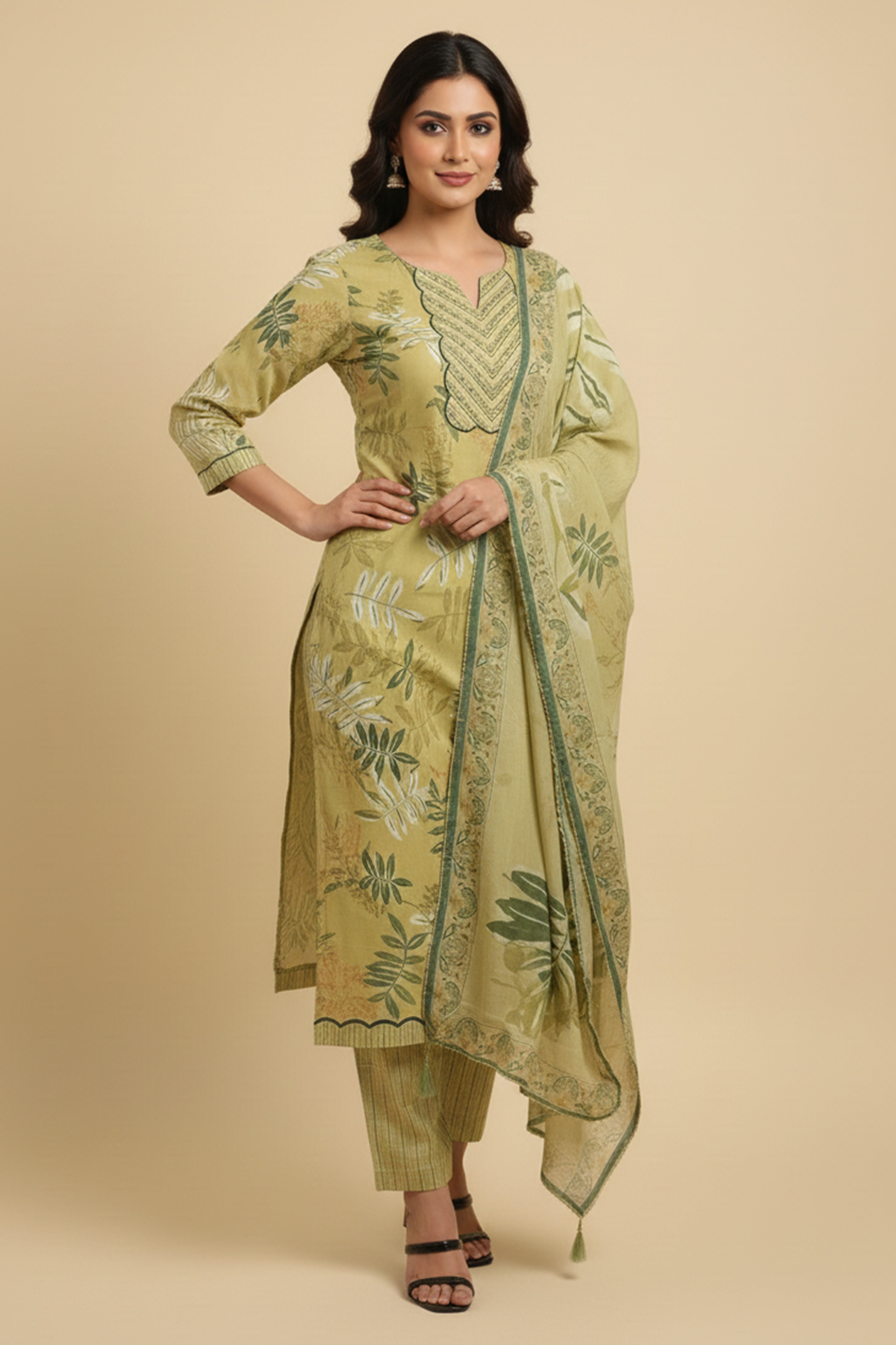 Soft and Lightweight Lime Green Pure Cotton Salwar Suit with Floral Prints and Straight Cut Style