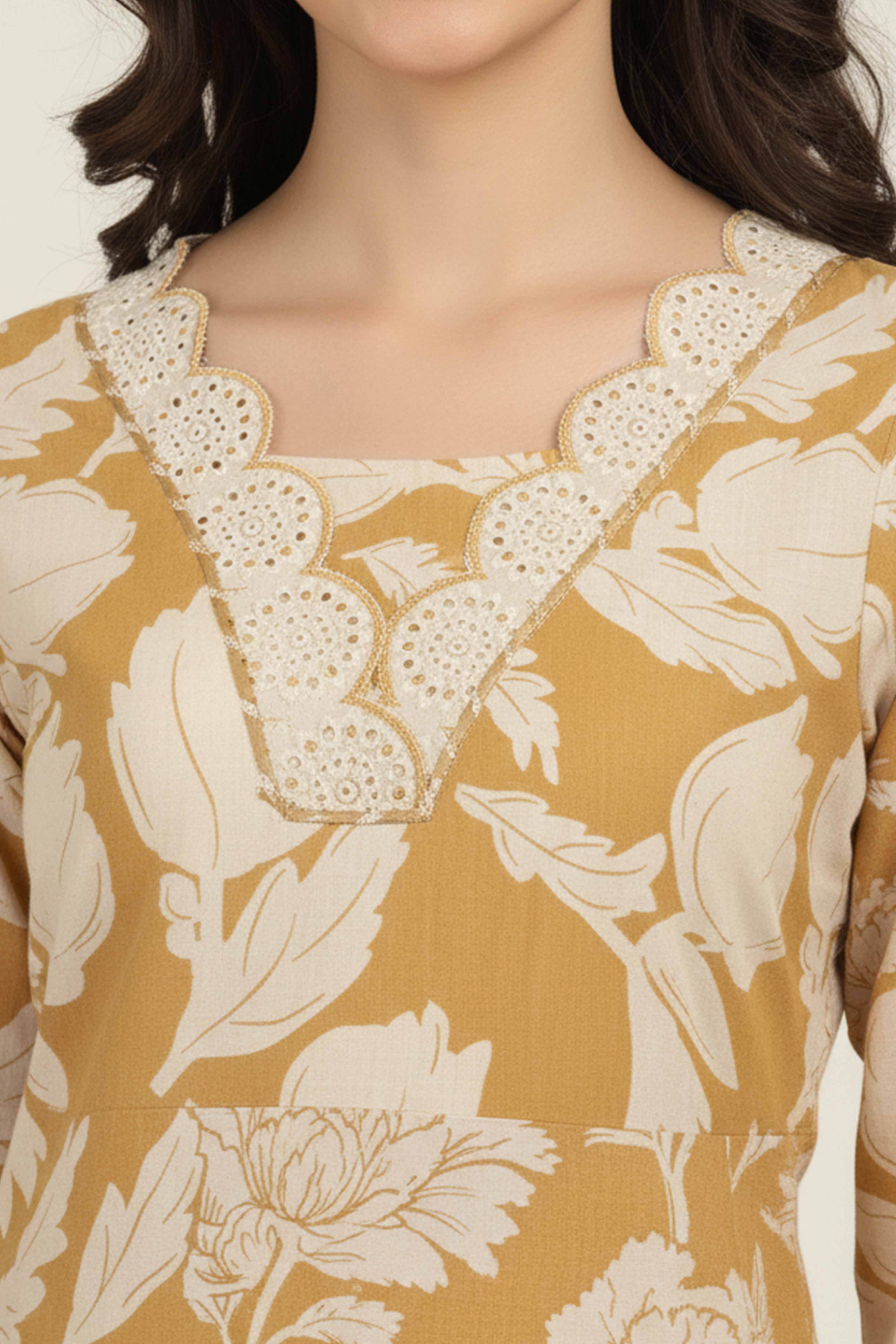 Charming Mustard Pure Cotton Floral Printed Co-Ord Set With Graceful Lace On Neckline & Sleeves