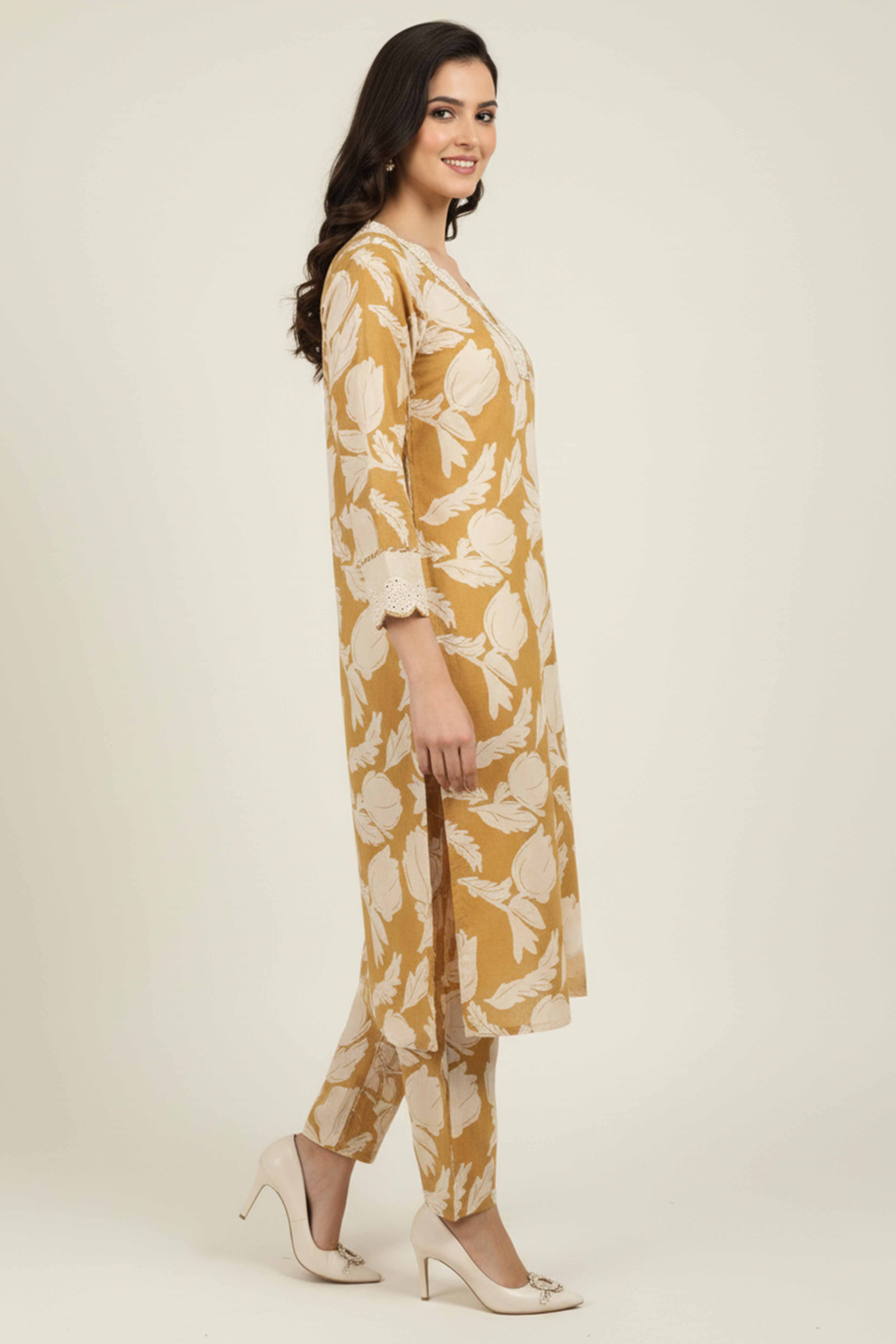 Charming Mustard Pure Cotton Floral Printed Co-Ord Set With Graceful Lace On Neckline & Sleeves