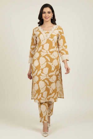 Charming Mustard Pure Cotton Floral Printed Co-Ord Set With Graceful Lace On Neckline & Sleeves