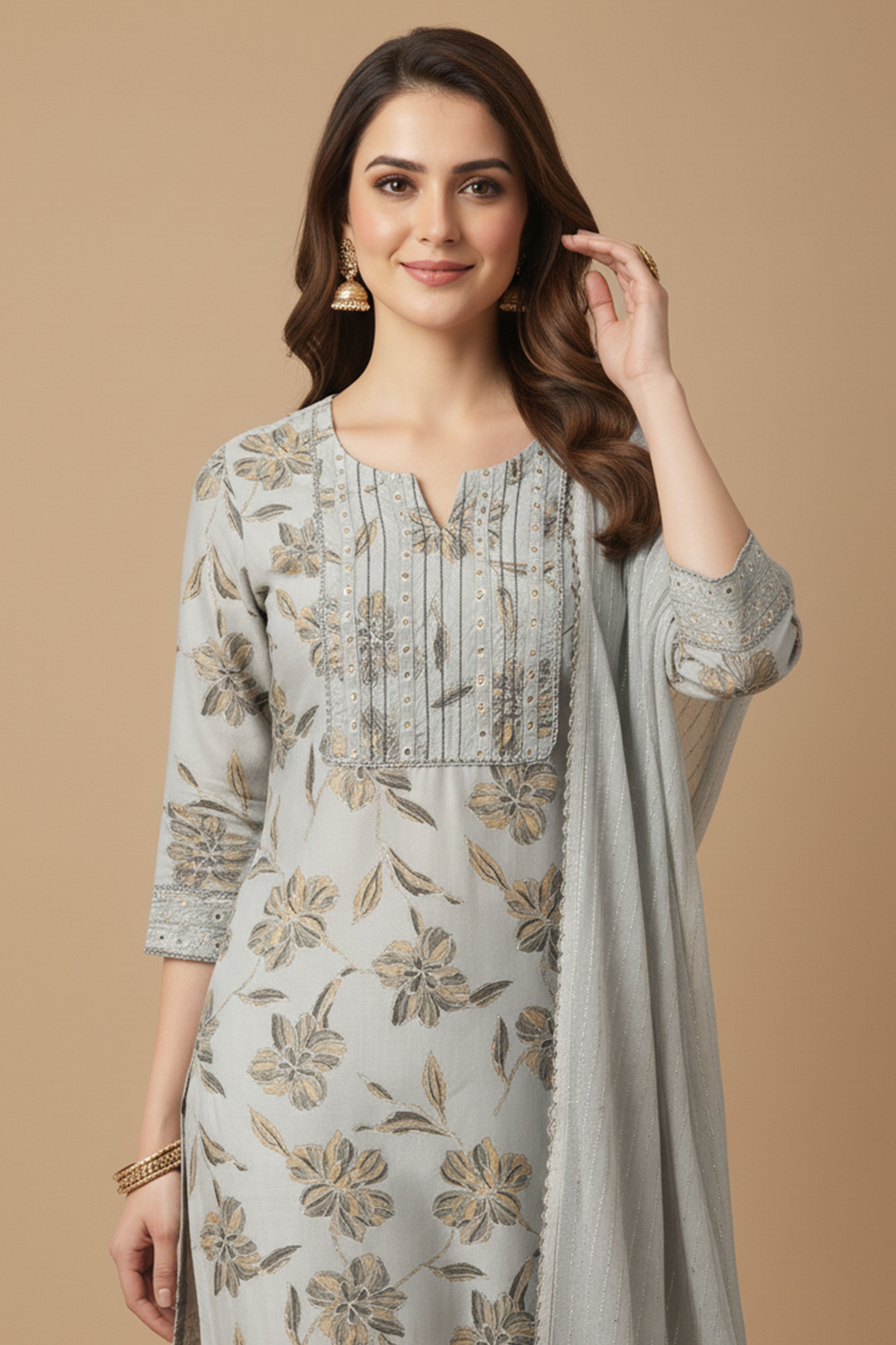 Light Grey Chic Dobby Textured Rayon Suit Set Adorned with Floral Motifs
