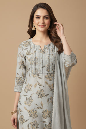 Light Grey Chic Dobby Textured Rayon Suit Set Adorned with Floral Motifs