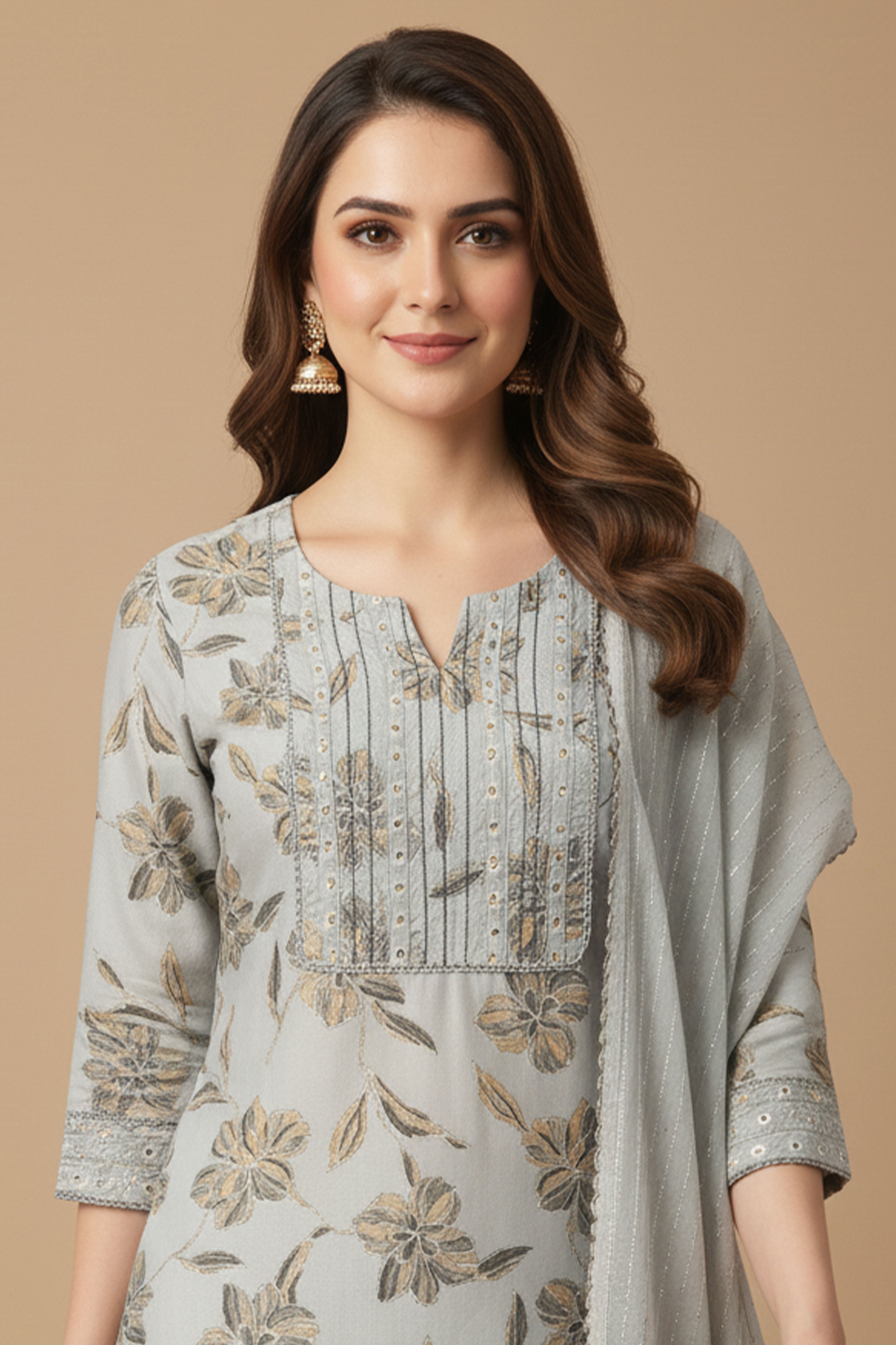 Light Grey Chic Dobby Textured Rayon Suit Set Adorned with Floral Motifs