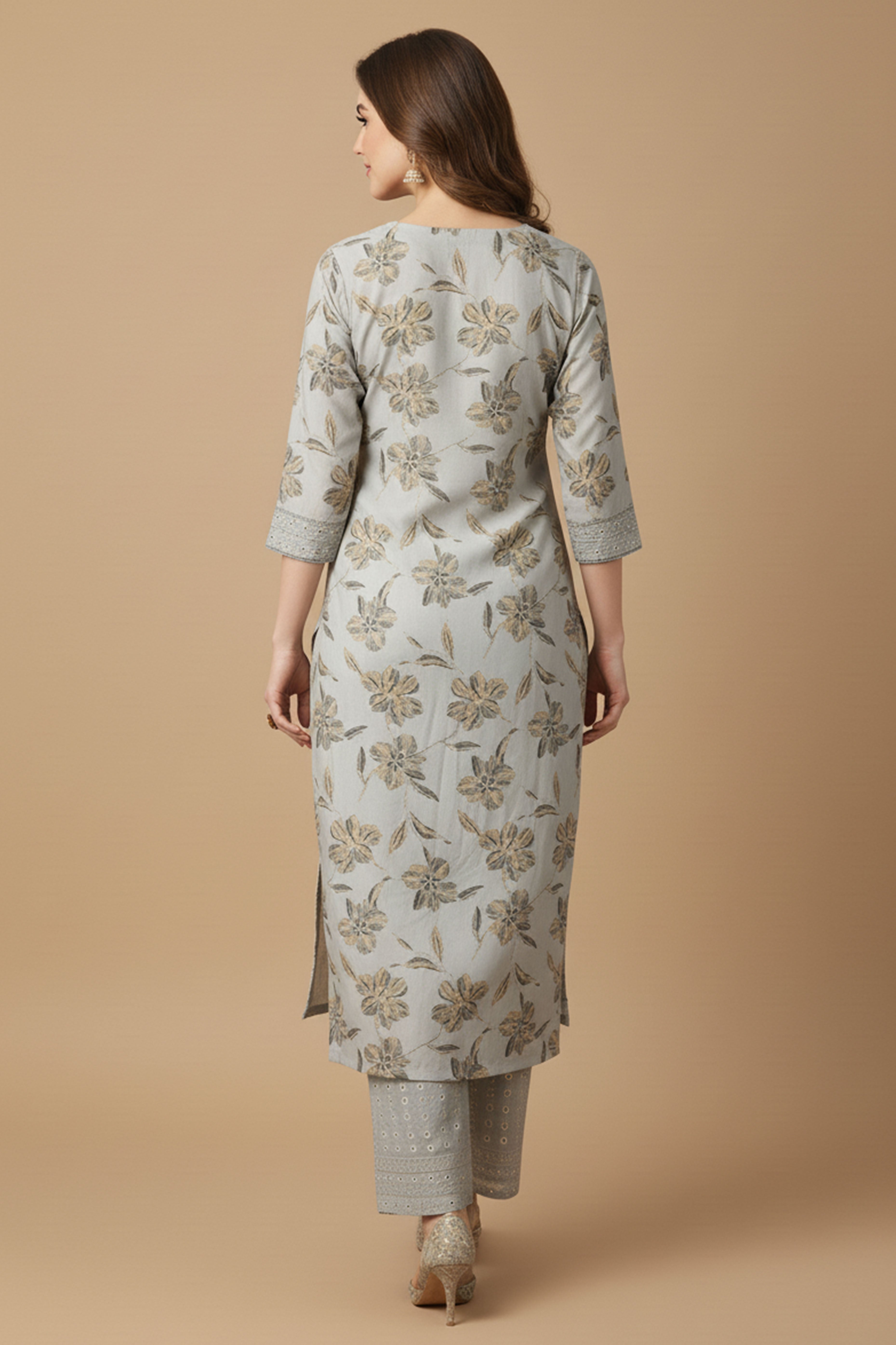 Light Grey Chic Dobby Textured Rayon Suit Set Adorned with Floral Motifs