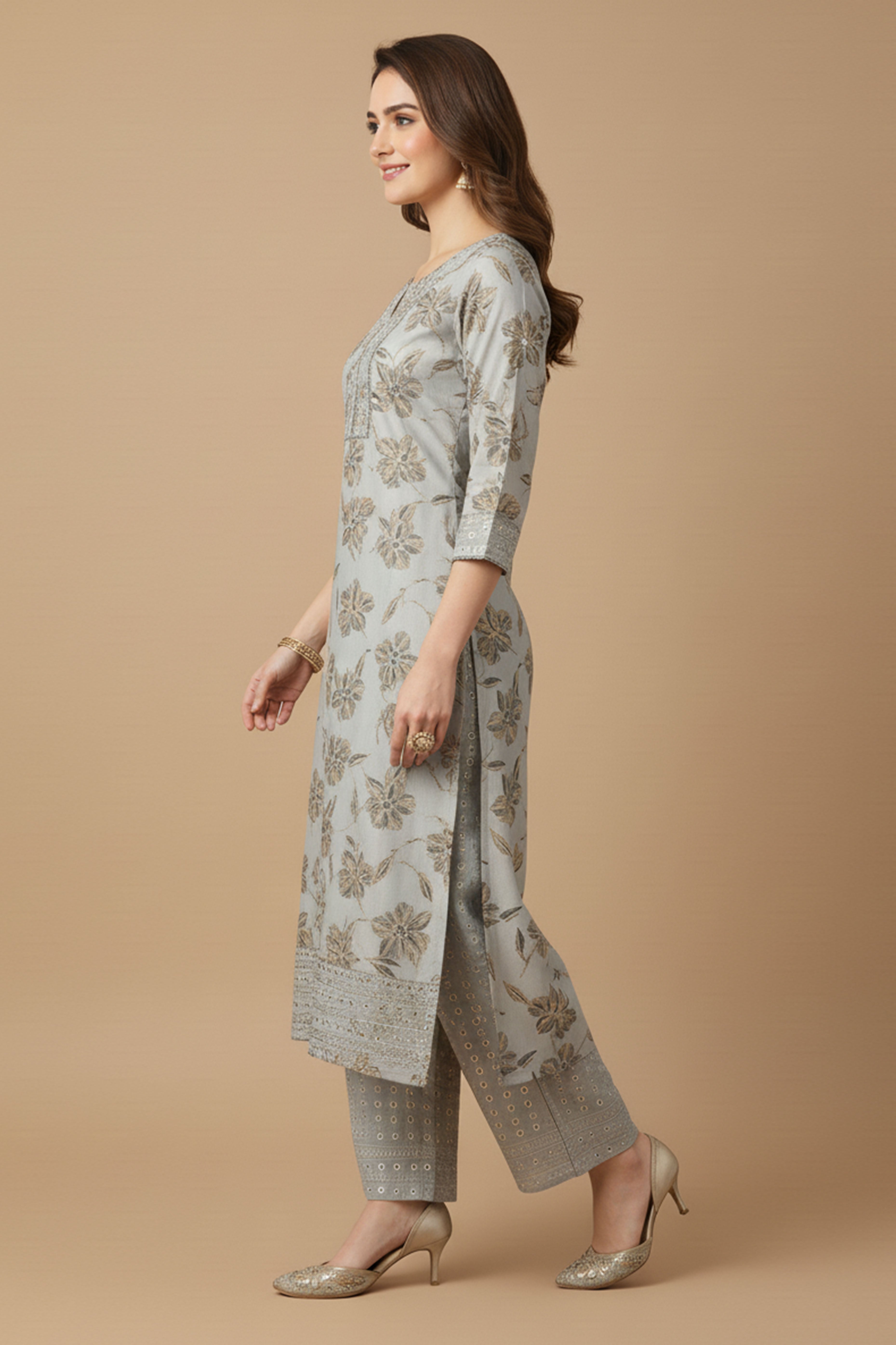 Light Grey Chic Dobby Textured Rayon Suit Set Adorned with Floral Motifs