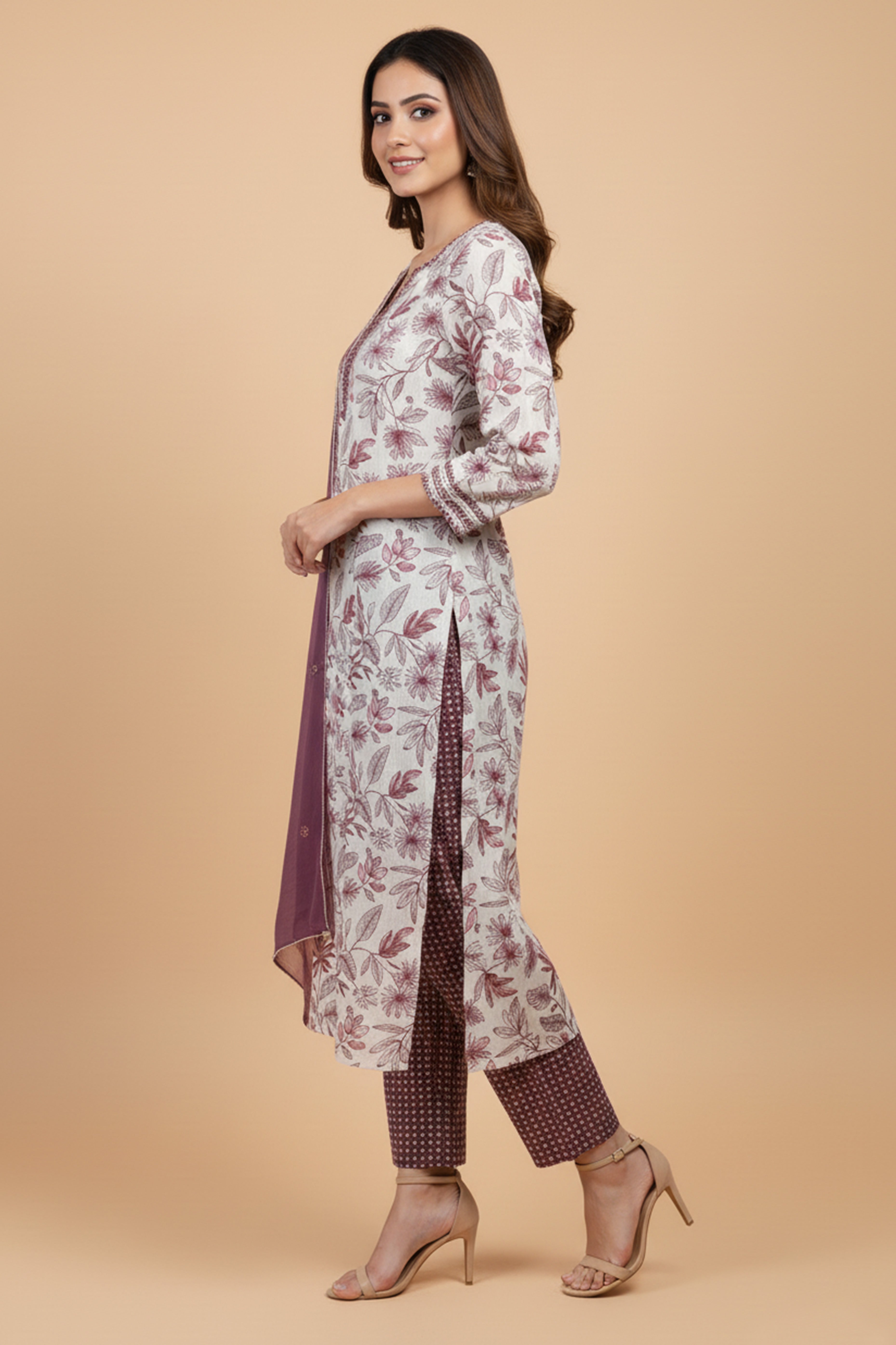 White Rayon Capsule Suit Featuring Floral Prints and Comfortable Straight Fit