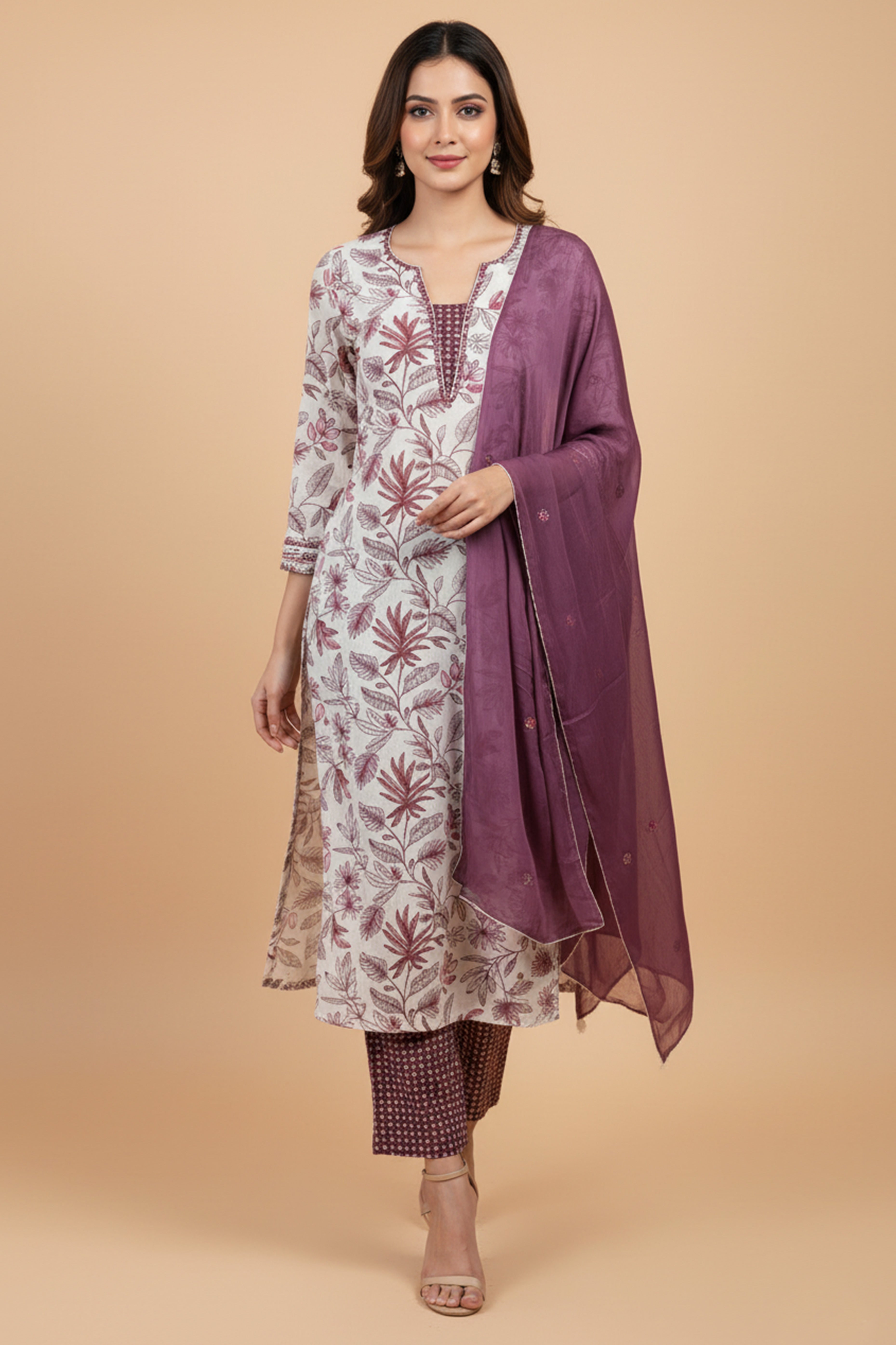 White Rayon Capsule Suit Featuring Floral Prints and Comfortable Straight Fit