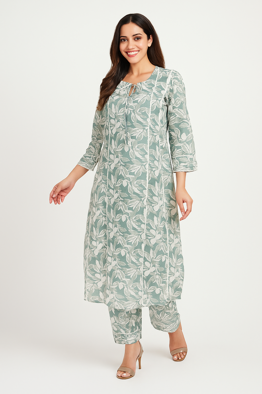 Casual Wear Green Cotton Flex A-Line Top Bottom Set with Floral Print