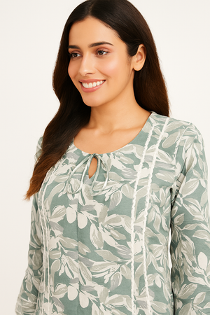 Casual Wear Green Cotton Flex A-Line Top Bottom Set with Floral Print