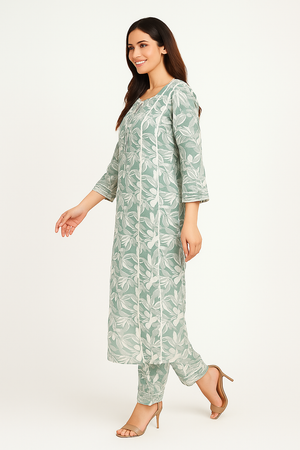 Casual Wear Green Cotton Flex A-Line Top Bottom Set with Floral Print