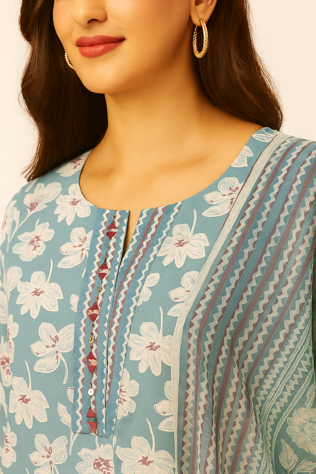 Occasion Wear Sky Blue Floral Printed Straight Suit in Pure Cotton with Mirror Work