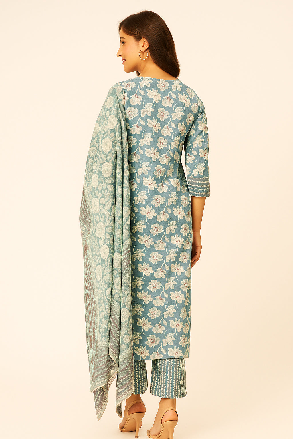 Occasion Wear Sky Blue Floral Printed Straight Suit in Pure Cotton with Mirror Work