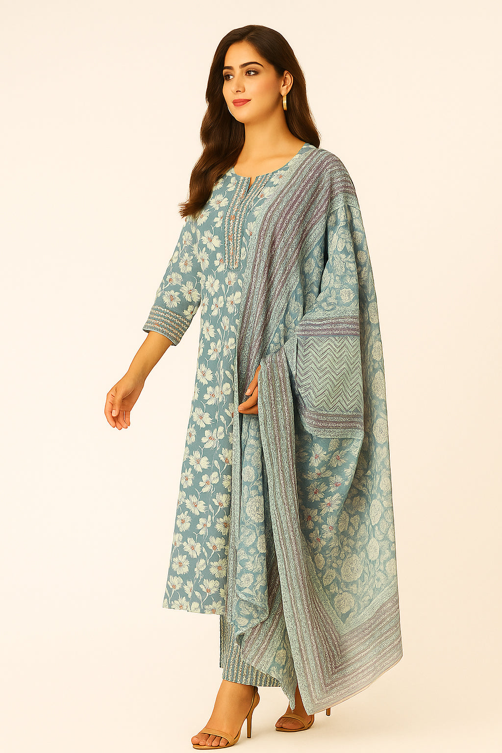 Occasion Wear Sky Blue Floral Printed Straight Suit in Pure Cotton with Mirror Work