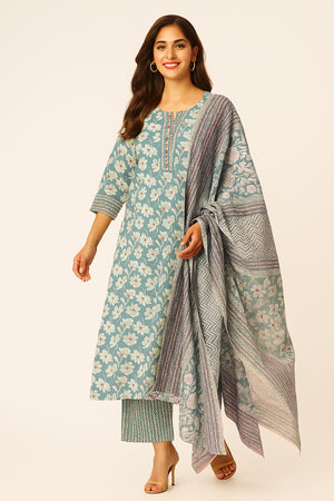 Occasion Wear Sky Blue Floral Printed Straight Suit in Pure Cotton with Mirror Work