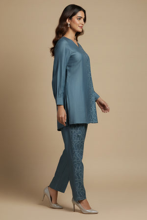 Stylish Teal Modern Print Silky Silk Top Bottom Set for Parties and Events