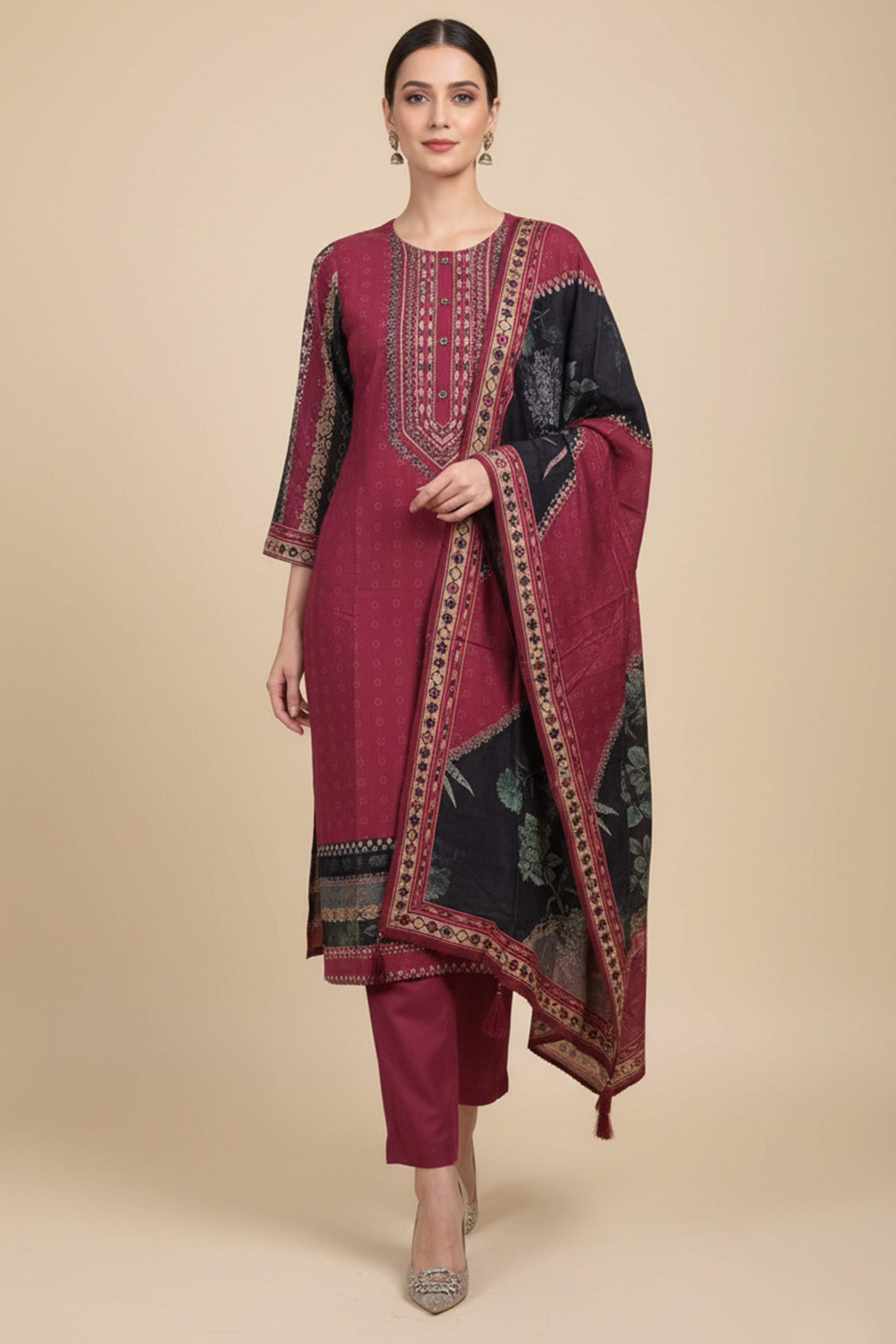 Festive Maroon Muslin Salwar Suit with Straight Cut and Neck Handwork