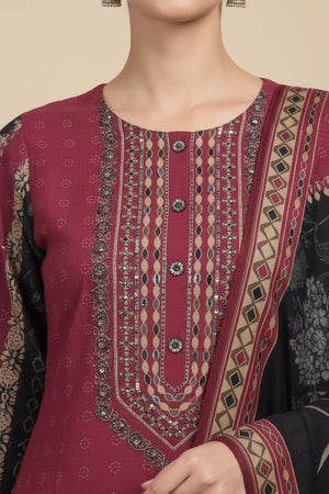 Festive Maroon Muslin Salwar Suit with Straight Cut and Neck Handwork