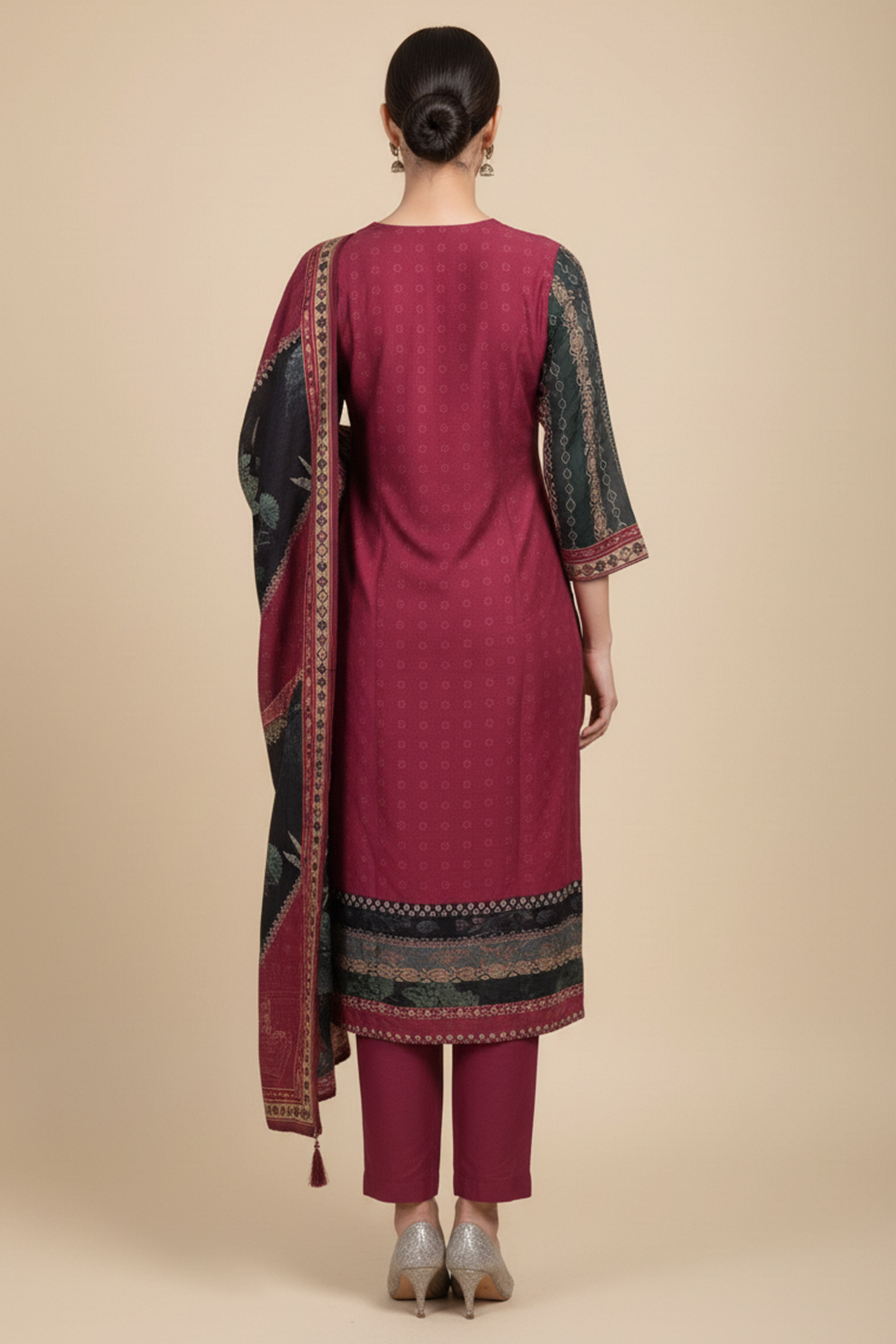 Festive Maroon Muslin Salwar Suit with Straight Cut and Neck Handwork
