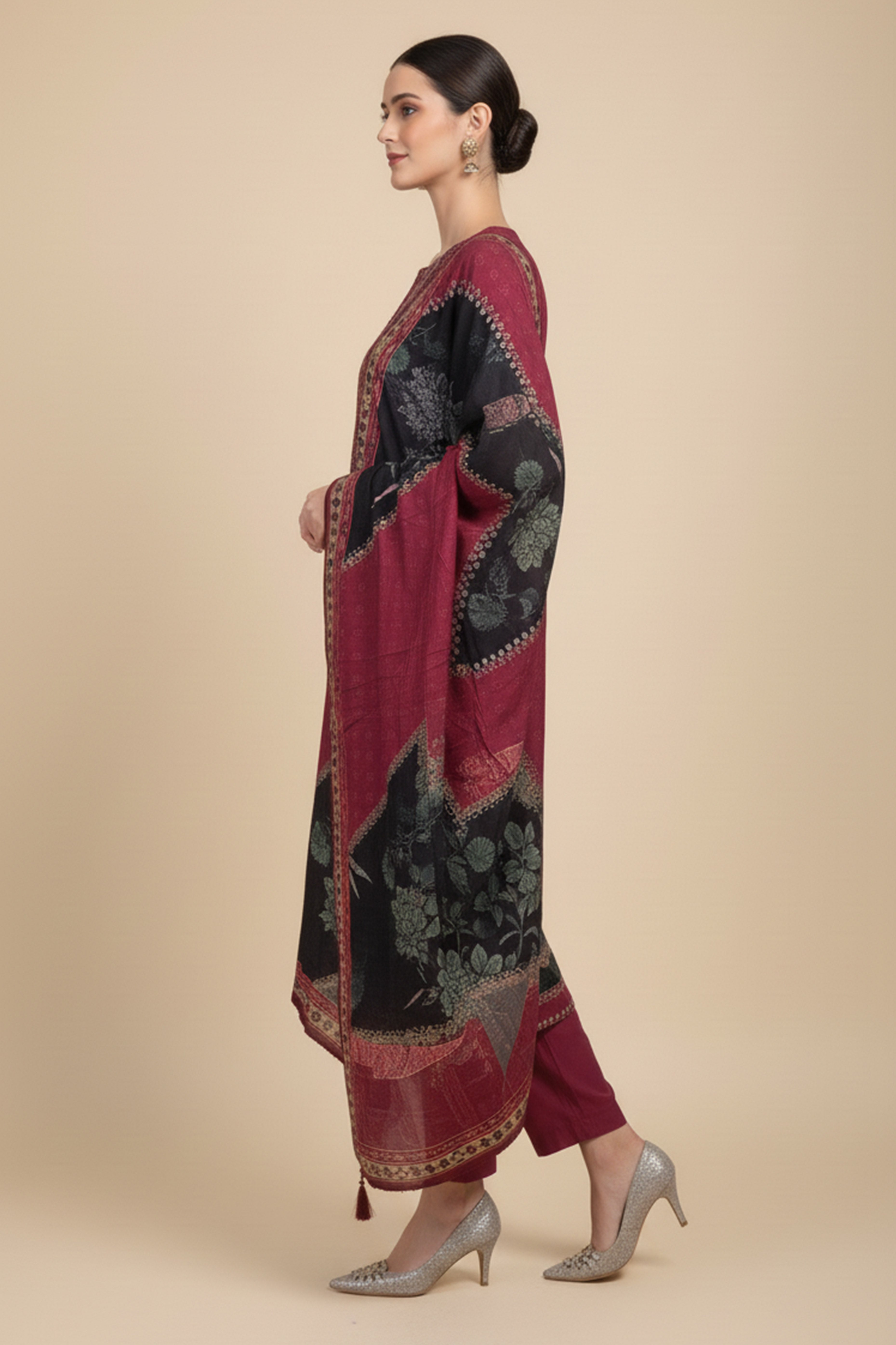 Festive Maroon Muslin Salwar Suit with Straight Cut and Neck Handwork