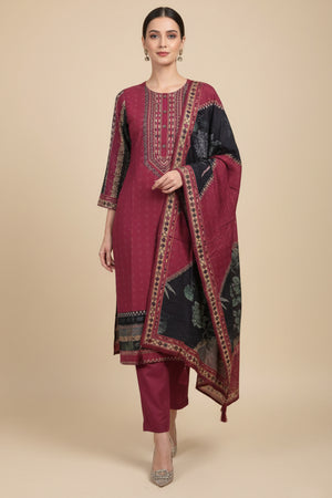 Festive Maroon Muslin Salwar Suit with Straight Cut and Neck Handwork