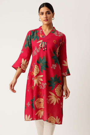A-Line Rani Pink Kurti in Soft Viscose with Floral Print