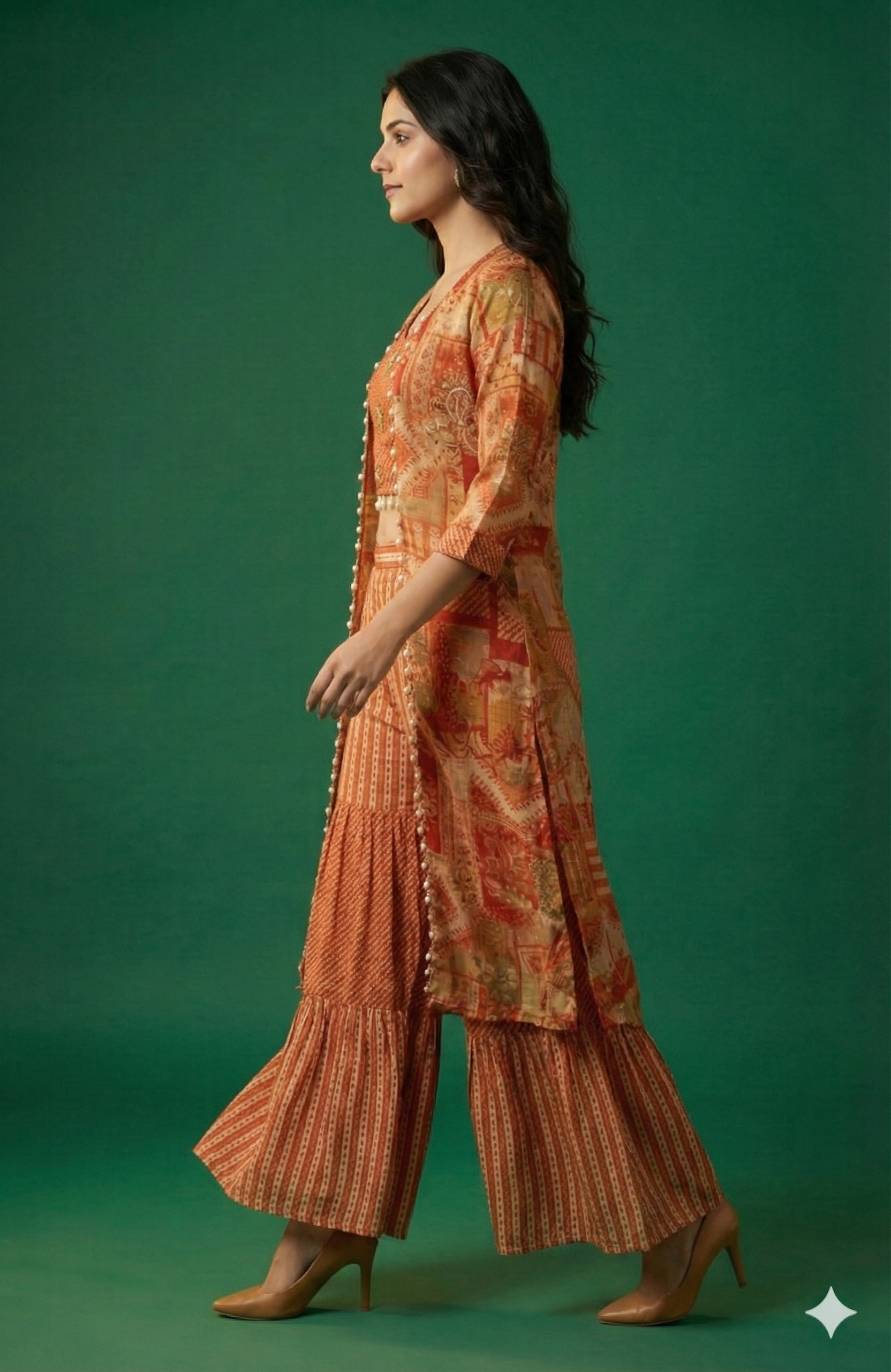 Orange Muslin Printed & Embroidered Crop Top Ensemble with Coordinating Shrug and Palazzos