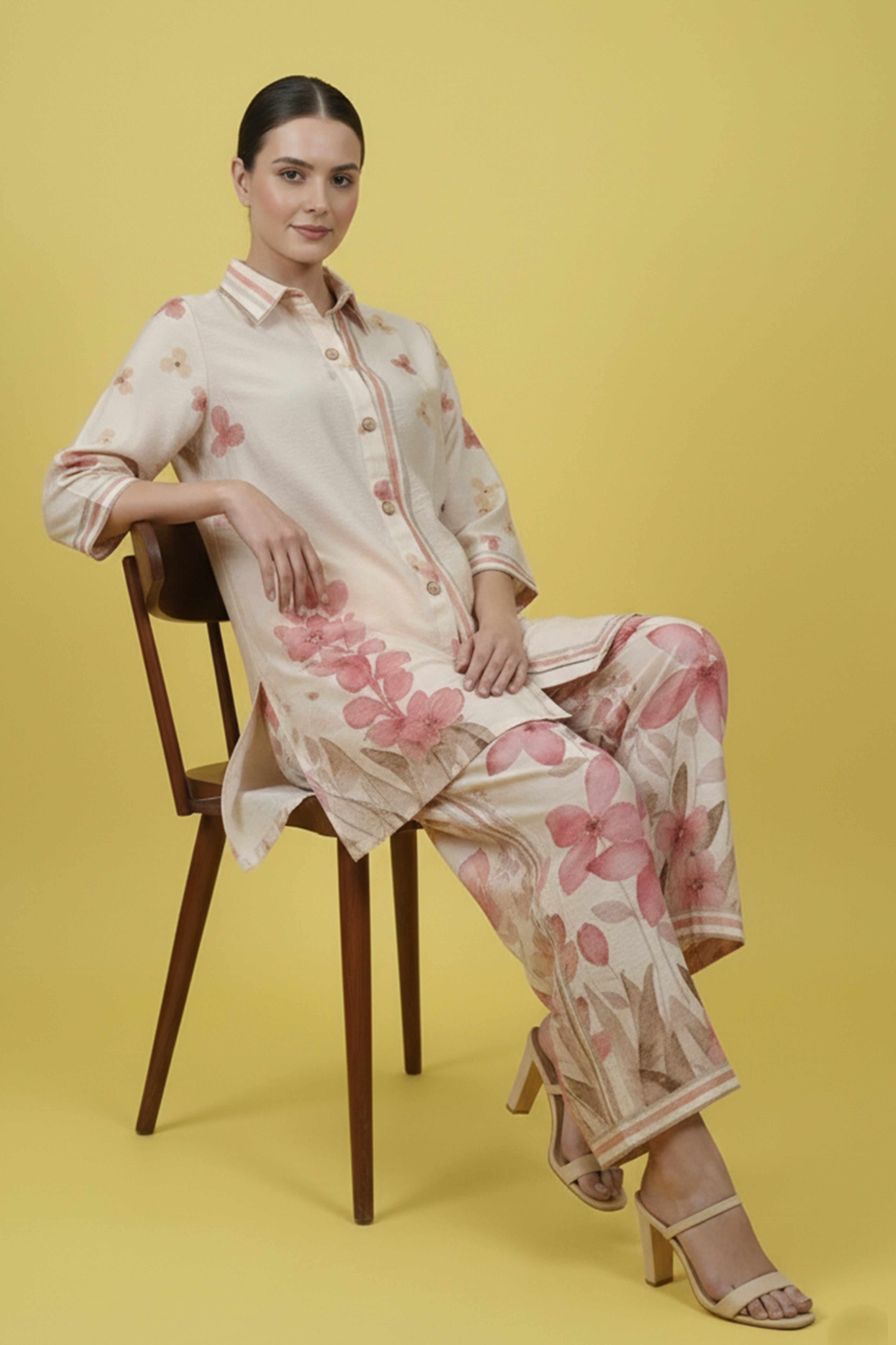 Cream Trendy Muslin Co-Ord Set with Eye-Catching Digital Floral Patterns