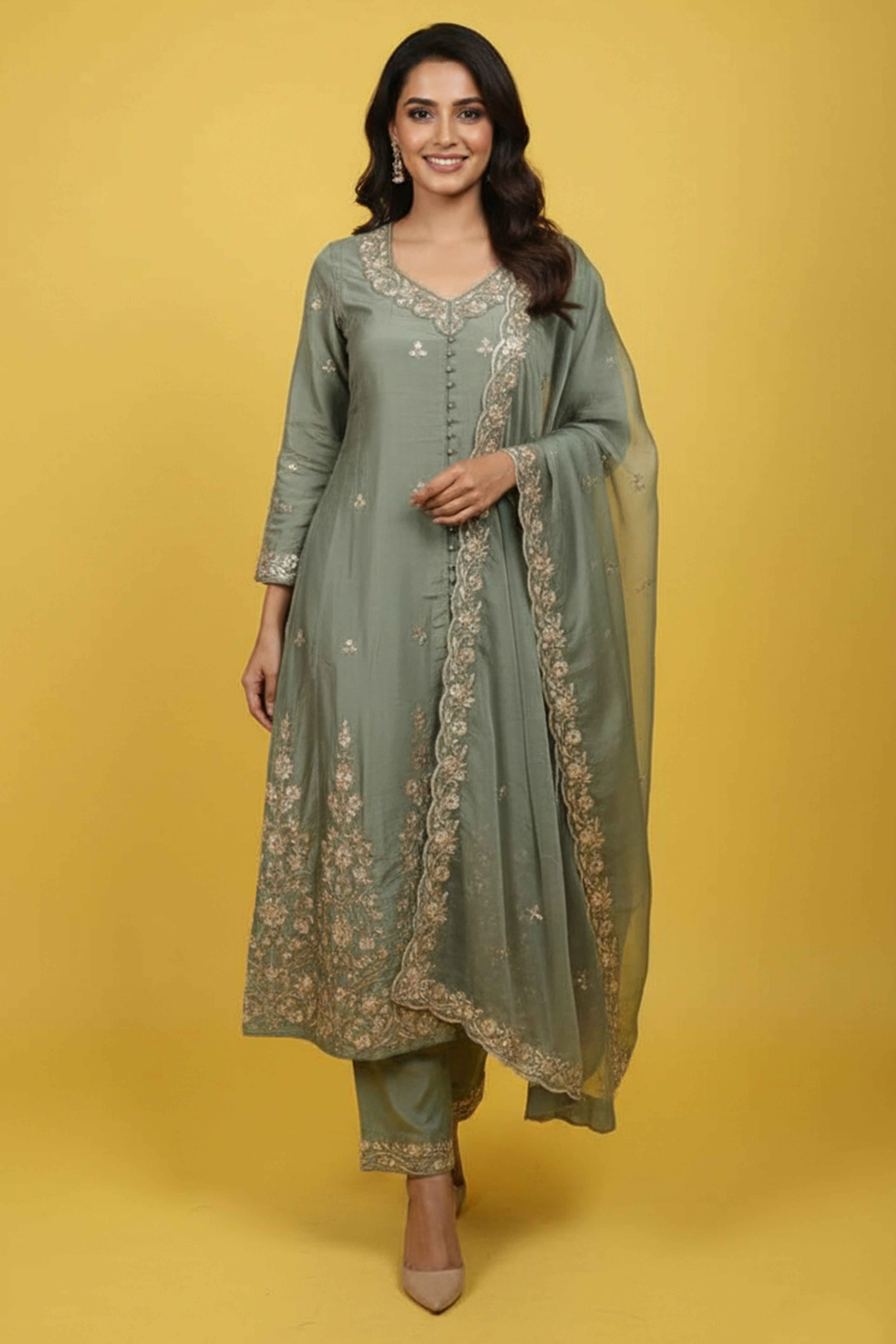 Green Elegant Chanderi Shimmer Blend Suit with Organza Dupatta & Sequins Embroidery