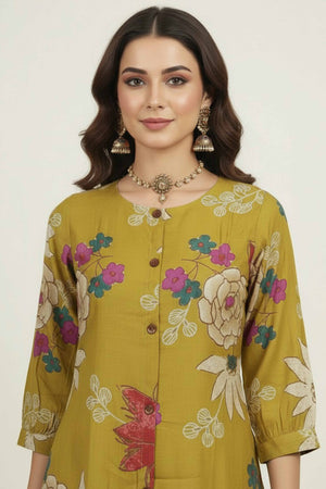 Trendy Yellow Floral Printed Kurti in Soft Viscose A-Line Style