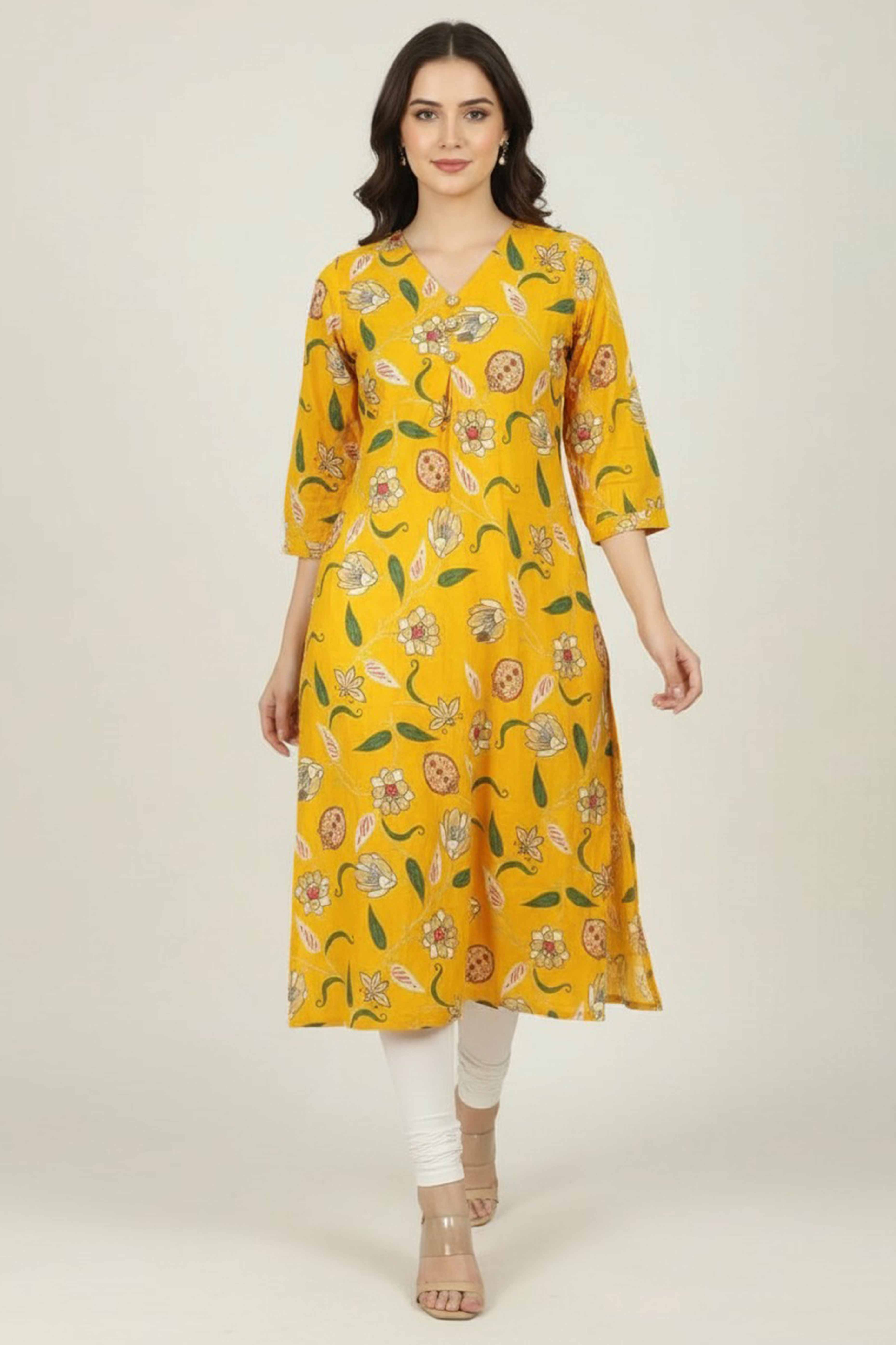 Trendy Yellow Floral Printed Viscose A-Line Kurti for Casual Wear