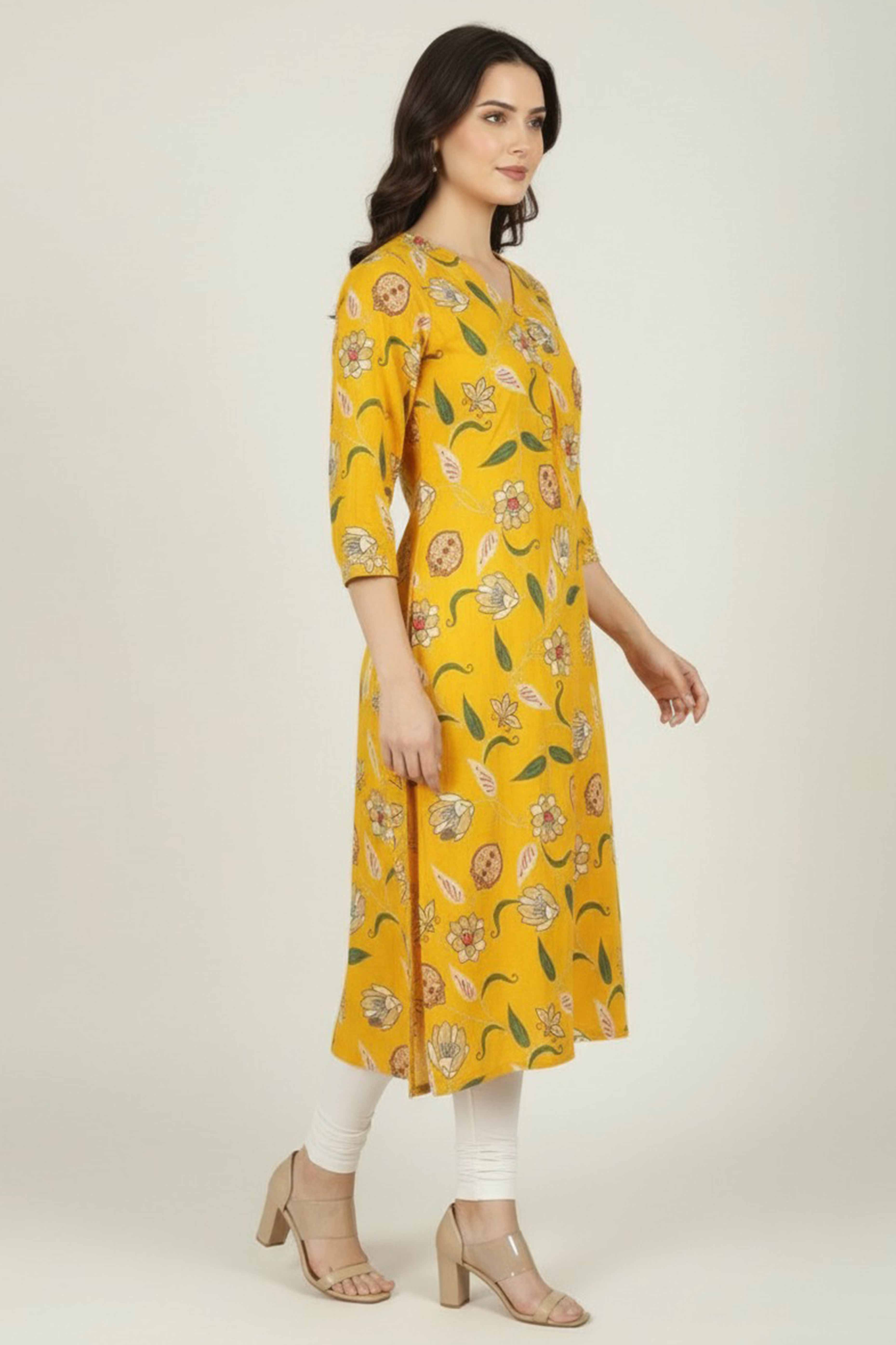 Trendy Yellow Floral Printed Viscose A-Line Kurti for Casual Wear