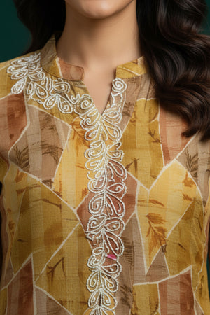 Mustard Geometric Patterned Viscose Straight Cut Top and Bottom Ensemble
