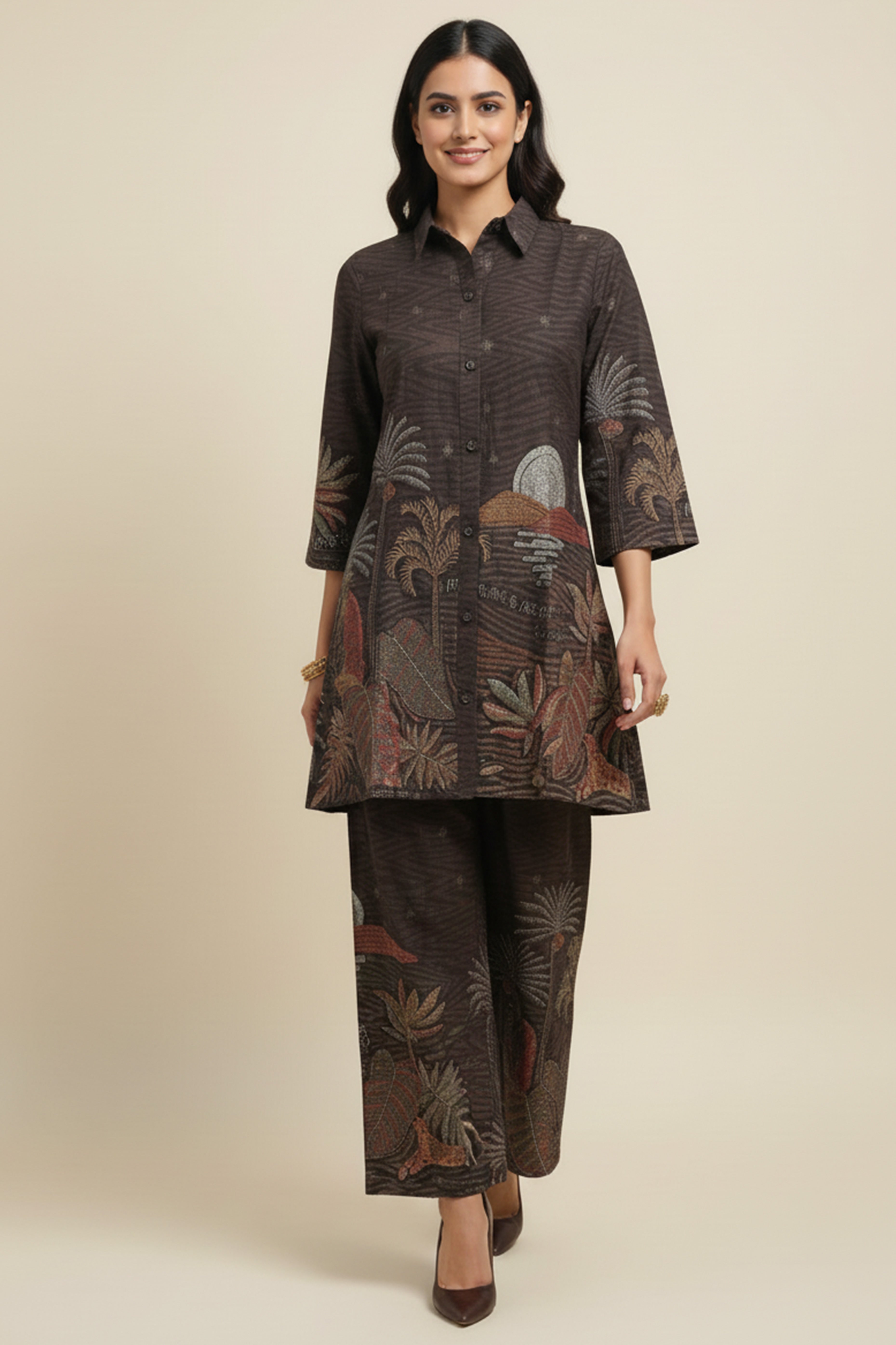 Fashionable Brown Abstract Printed Nylon Viscose Shirt-Pant Ensemble Perfect for Office & Outings