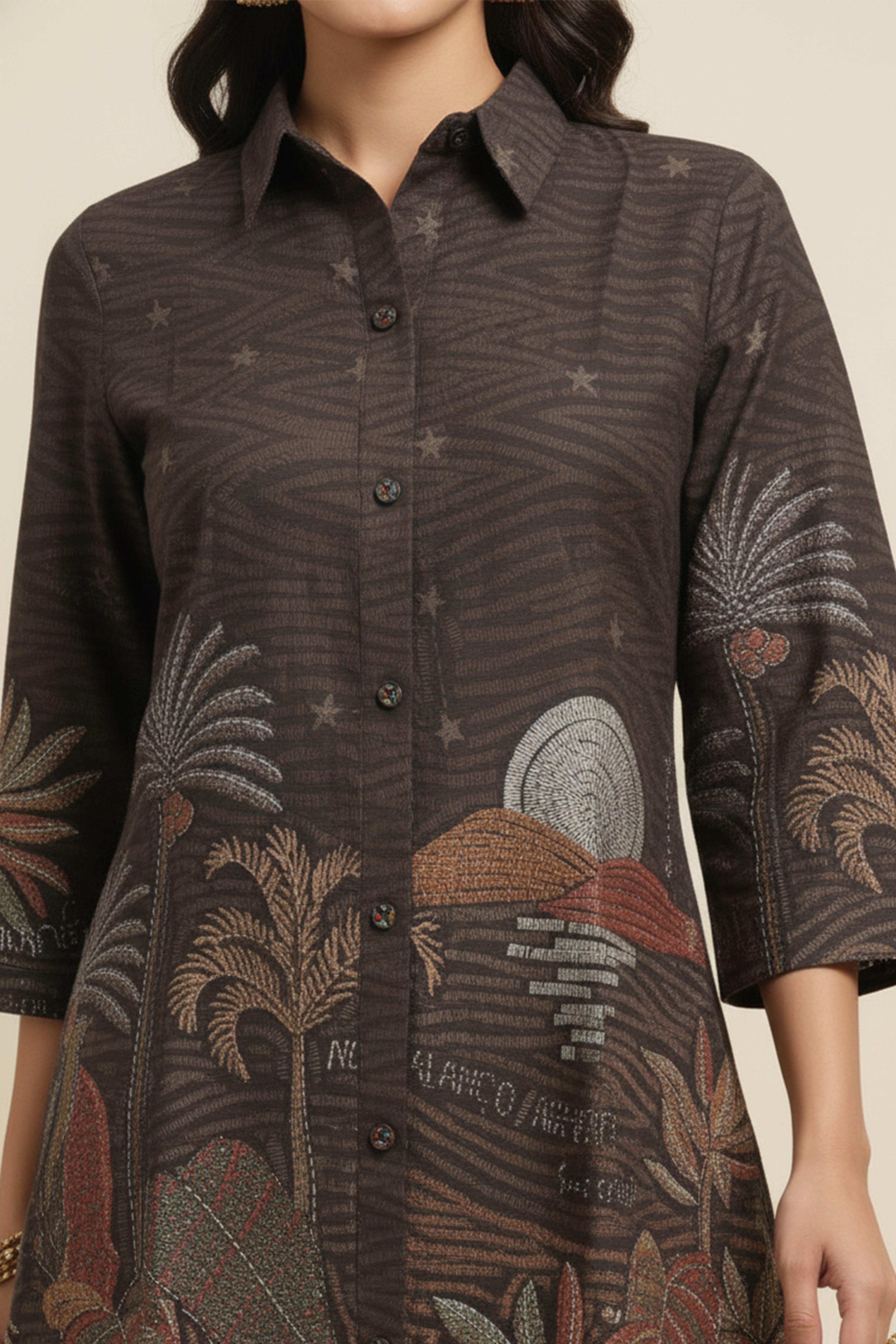 Fashionable Brown Abstract Printed Nylon Viscose Shirt-Pant Ensemble Perfect for Office & Outings